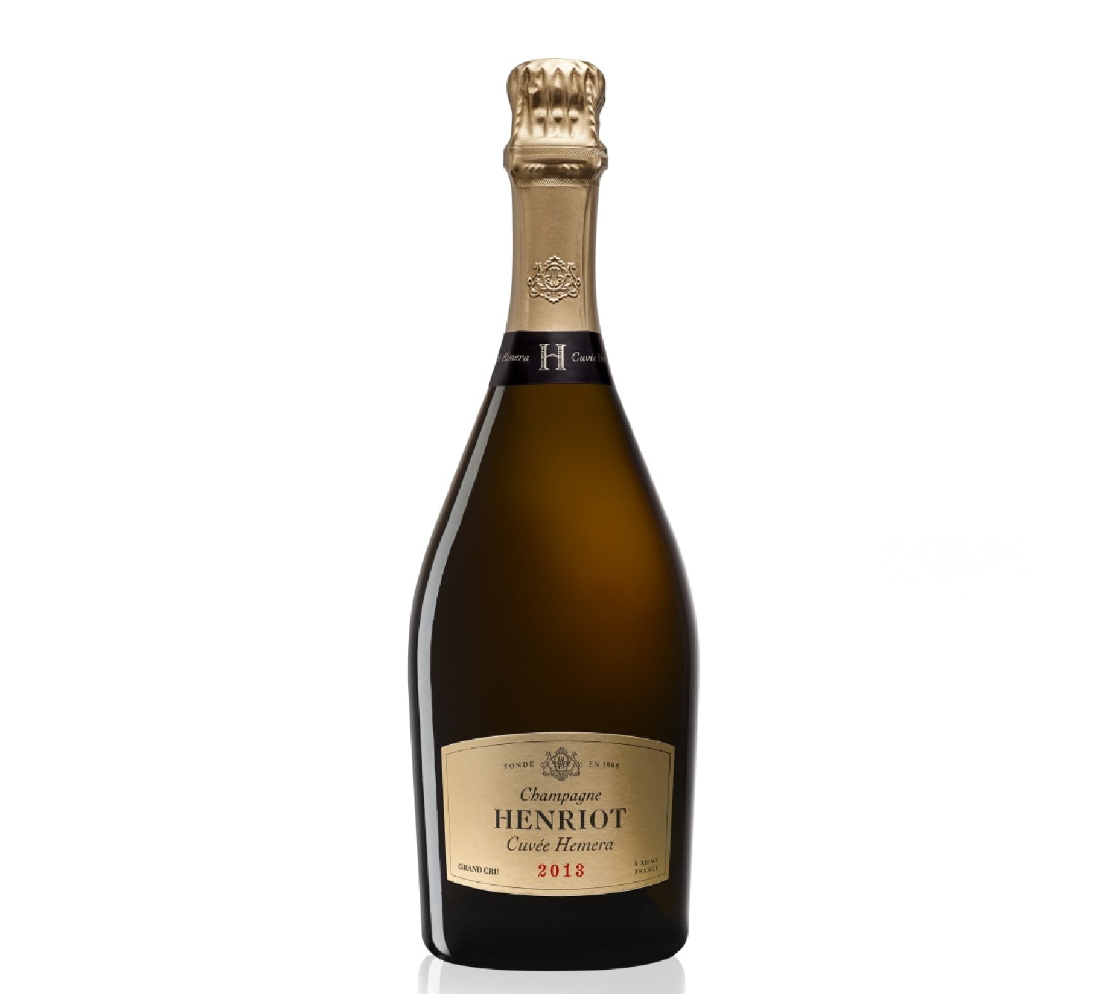 Bottle of Henriot Champagne Cuvée Hemera 2013 with citrus, white fruit, and toasted brioche notes.