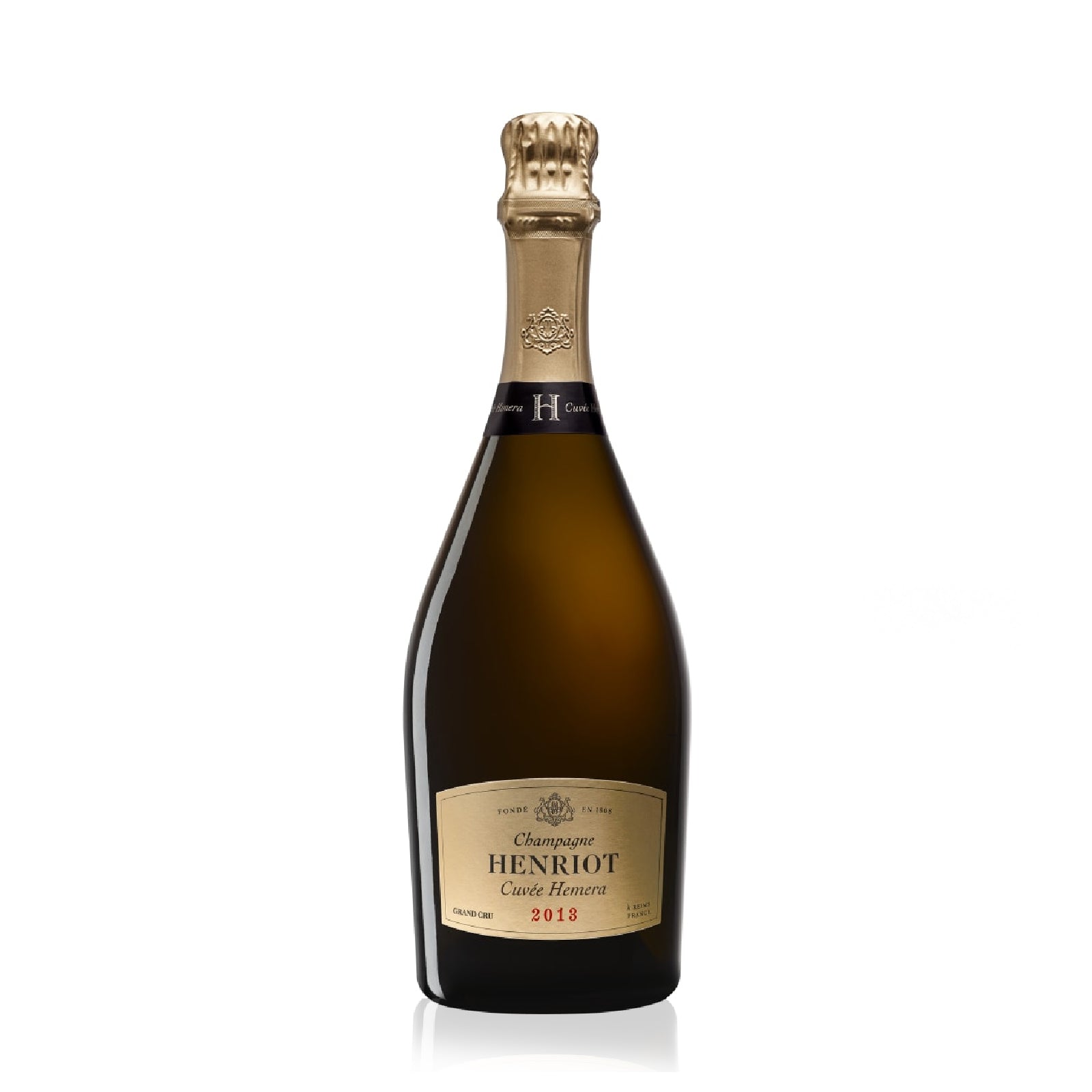 Bottle of Henriot Champagne Cuvée Hemera 2013 with citrus, white fruit, and toasted brioche notes.