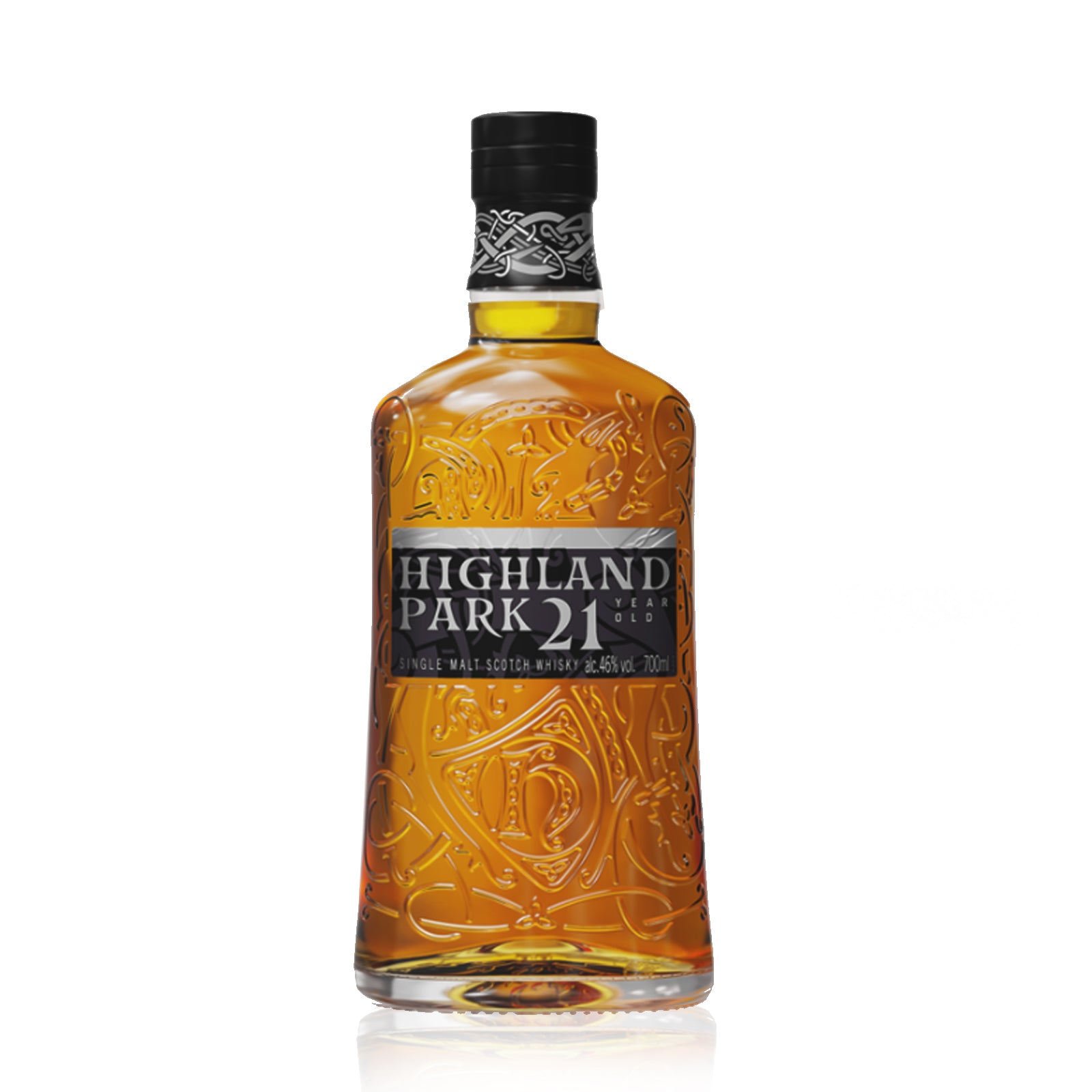 Highland Park 21 whisky bottle on a white background