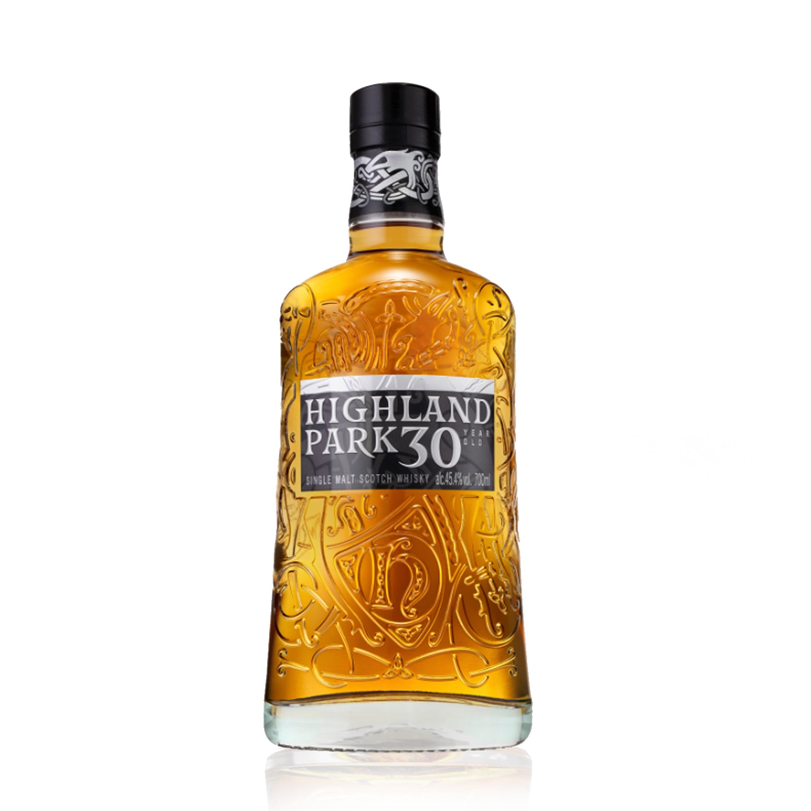 Highland Park 30 year old whiskey bottle on a white background
