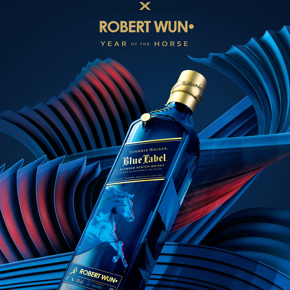 Johnnie Walker Blue Label whisky bottle with Robert Wun design on a blue and red abstract background