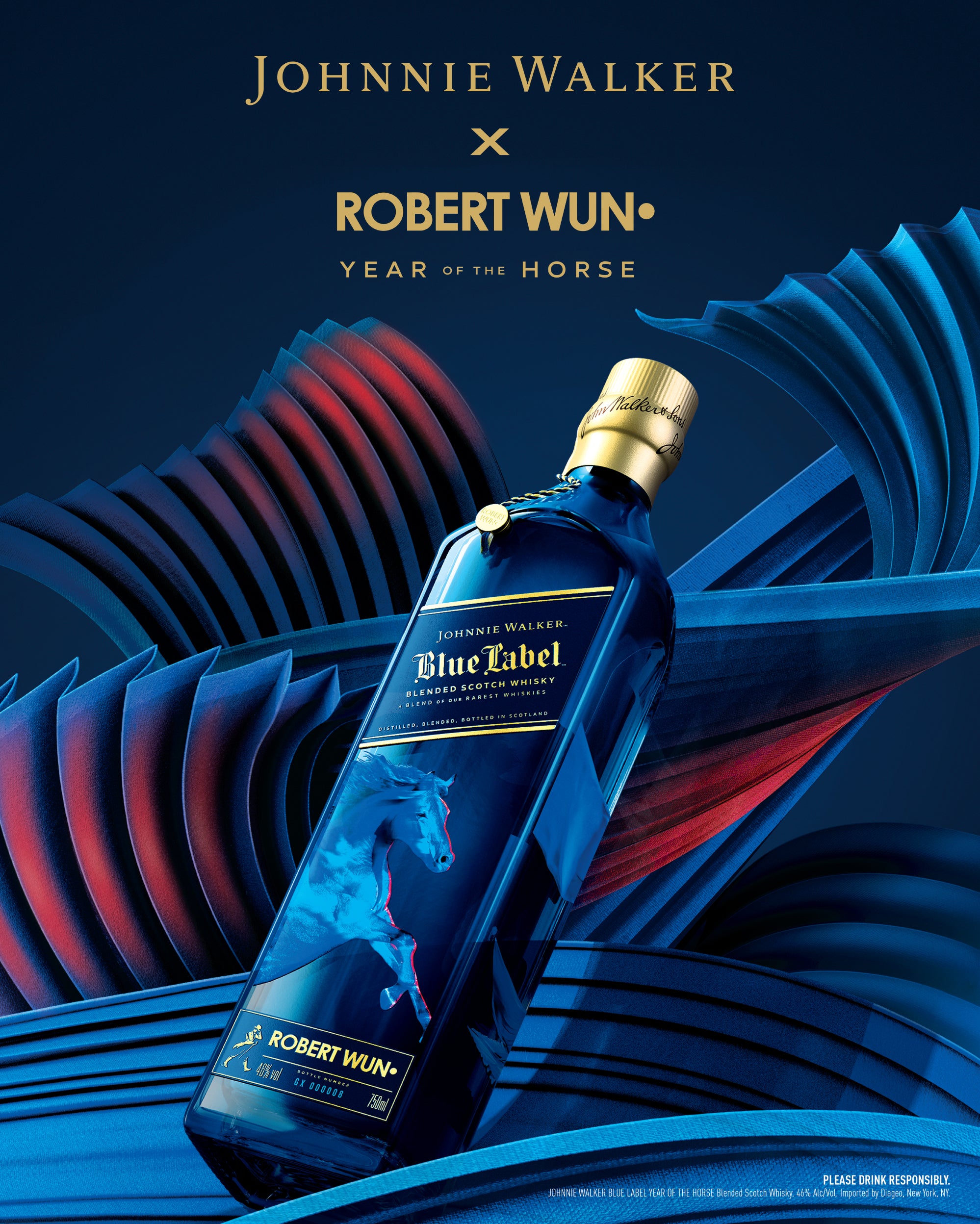 Johnnie Walker Blue Label whisky bottle with Robert Wun design on a blue and red abstract background