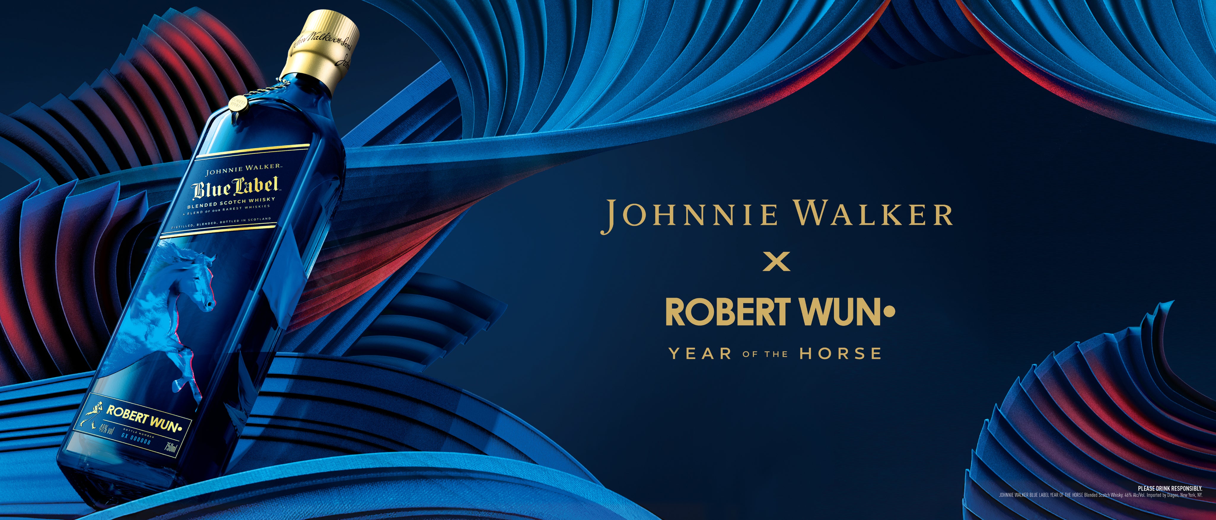 Johnnie Walker Blue Label bottle with Robert Wun design on a dark blue background