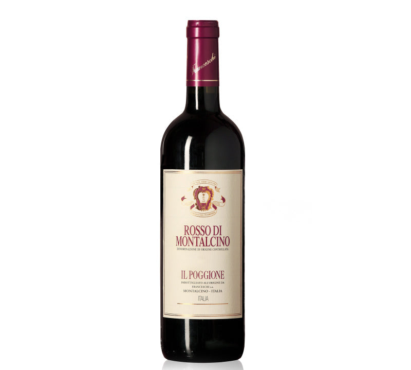 A bottle of IL Poggione Rosso di Montalcino red wine.