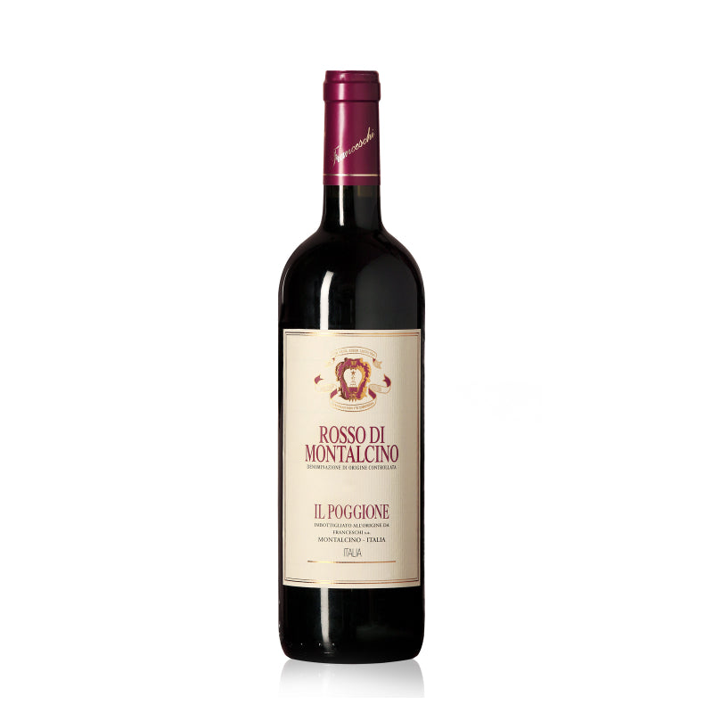 A bottle of IL Poggione Rosso di Montalcino red wine.