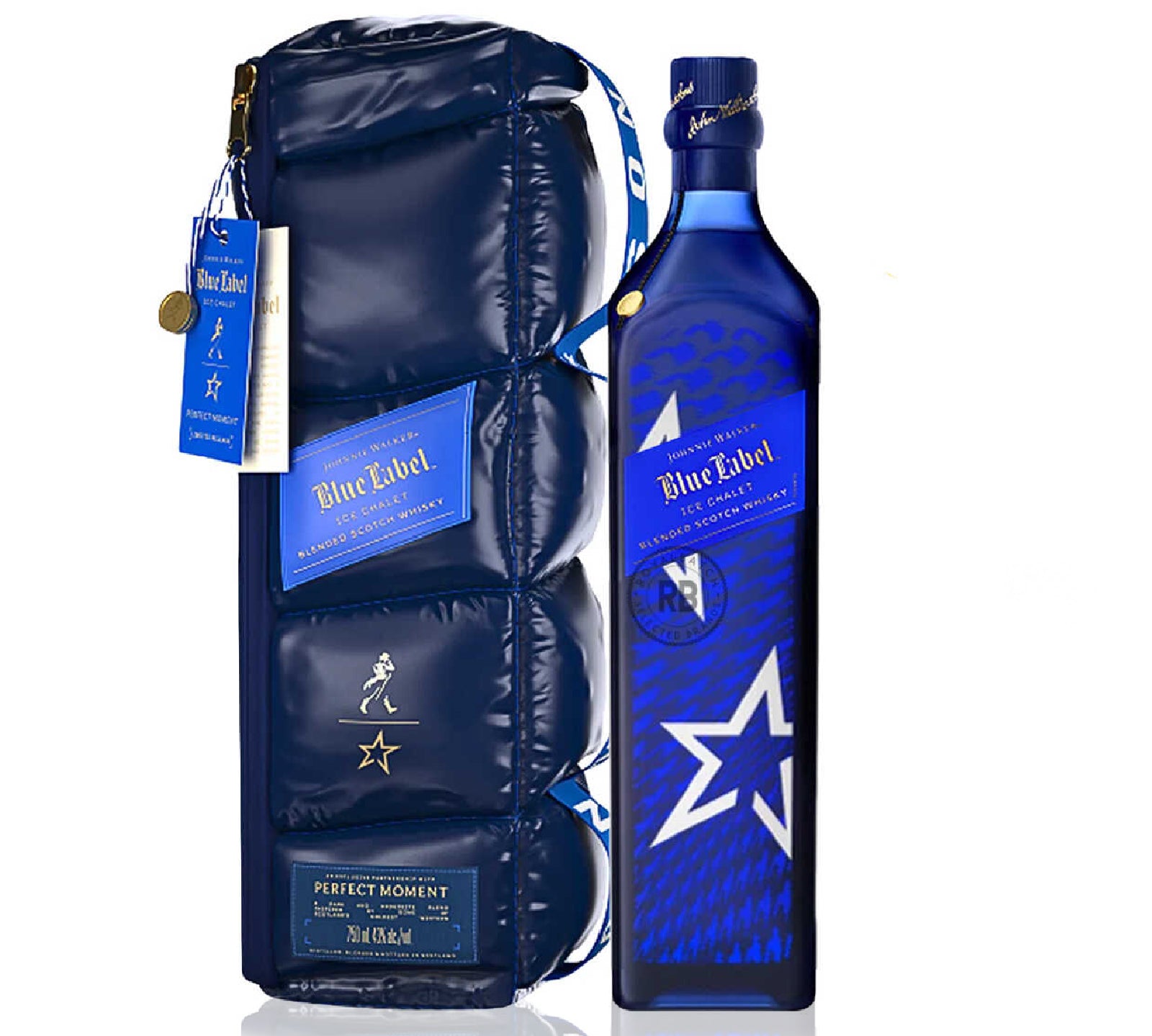 A bottle of Johnnie Walker Blue Label Limited Edition Ice Chalet whisky, alongside its stylish blue carrying case, adorned with white stars and branding details.