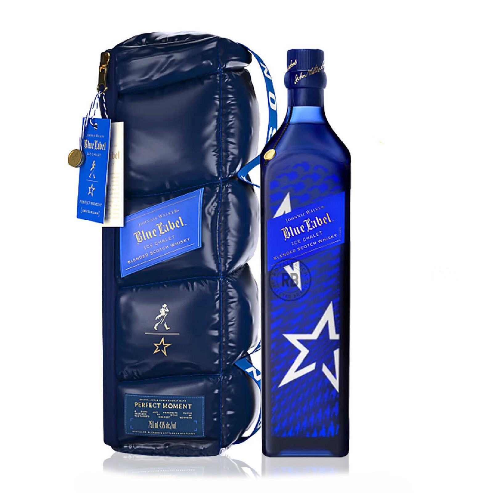 A bottle of Johnnie Walker Blue Label Limited Edition Ice Chalet whisky, alongside its stylish blue carrying case, adorned with white stars and branding details.
