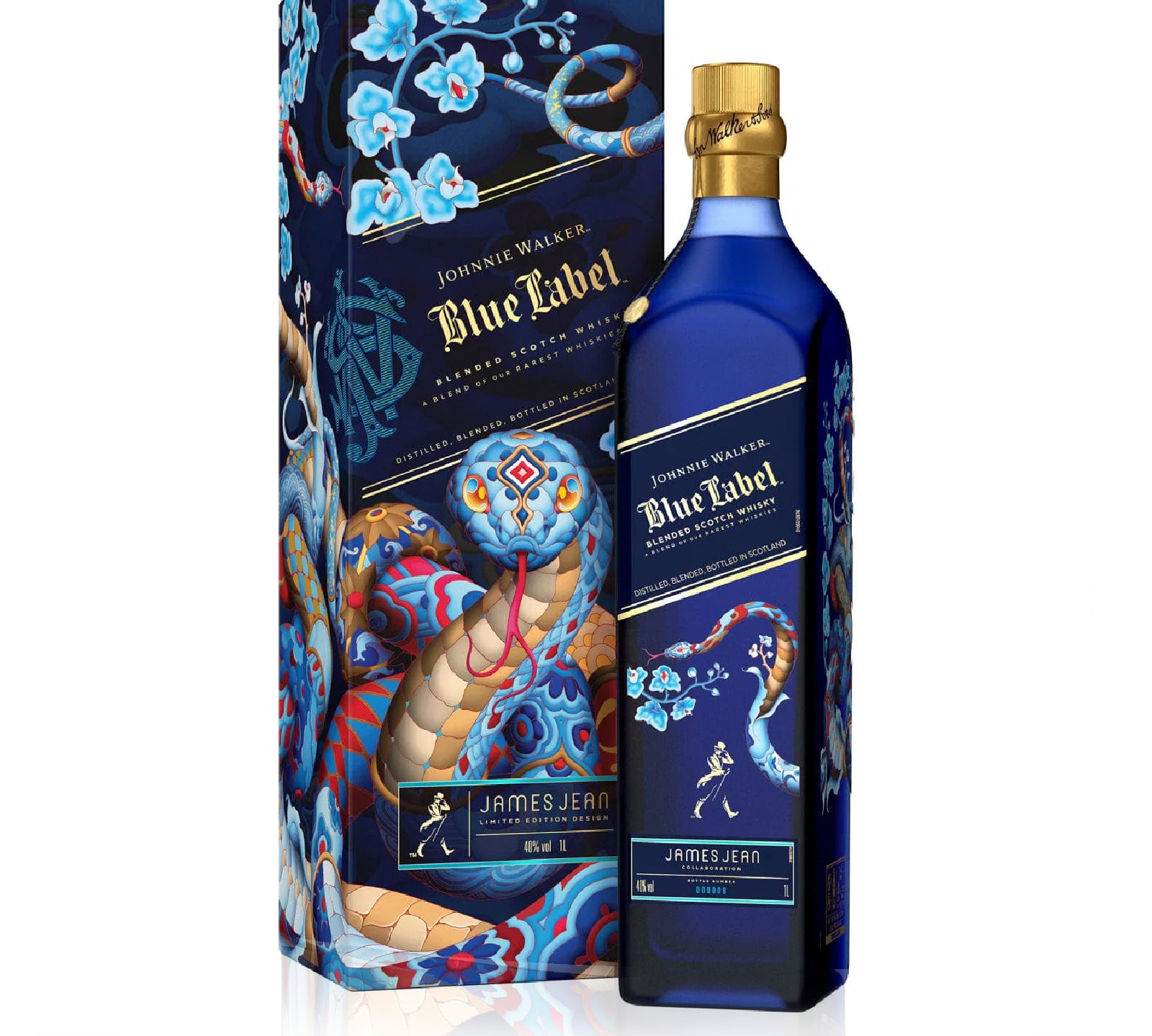 Bottle of Johnnie Walker Blue Label Year of the Snake limited-edition Scotch whisky with collectible zodiac-themed design.