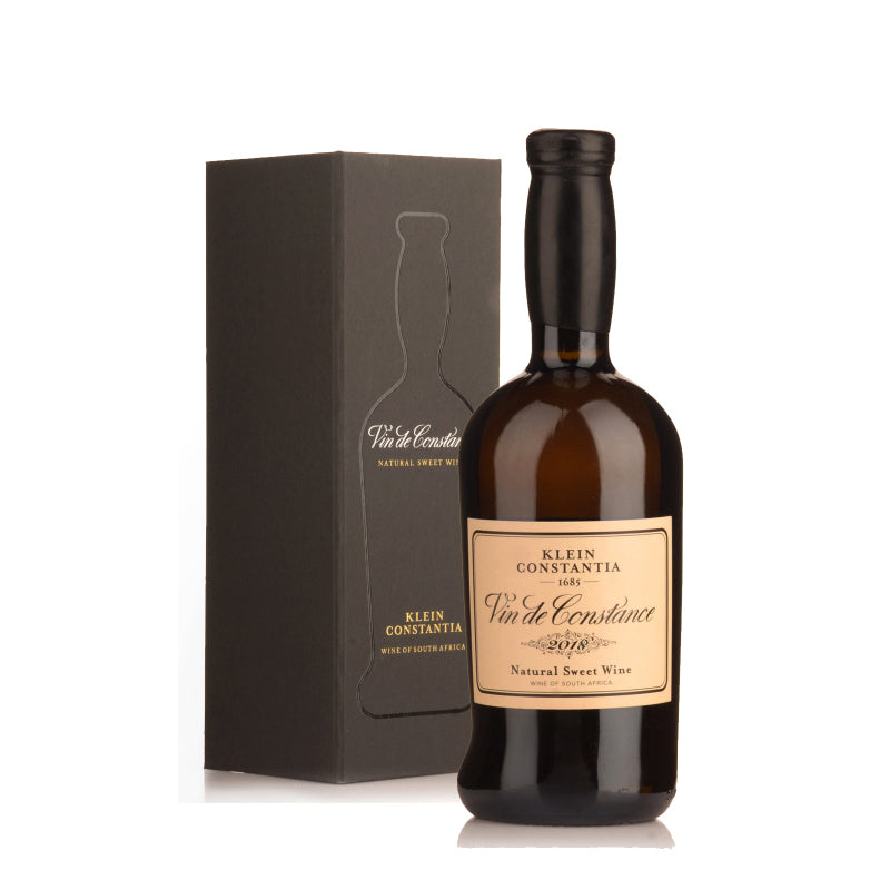 ottle of Klein Constantia Vin de Constance 2018, a natural sweet wine from South Africa, featuring rich honeyed and apricot flavors with a long, elegant finish.