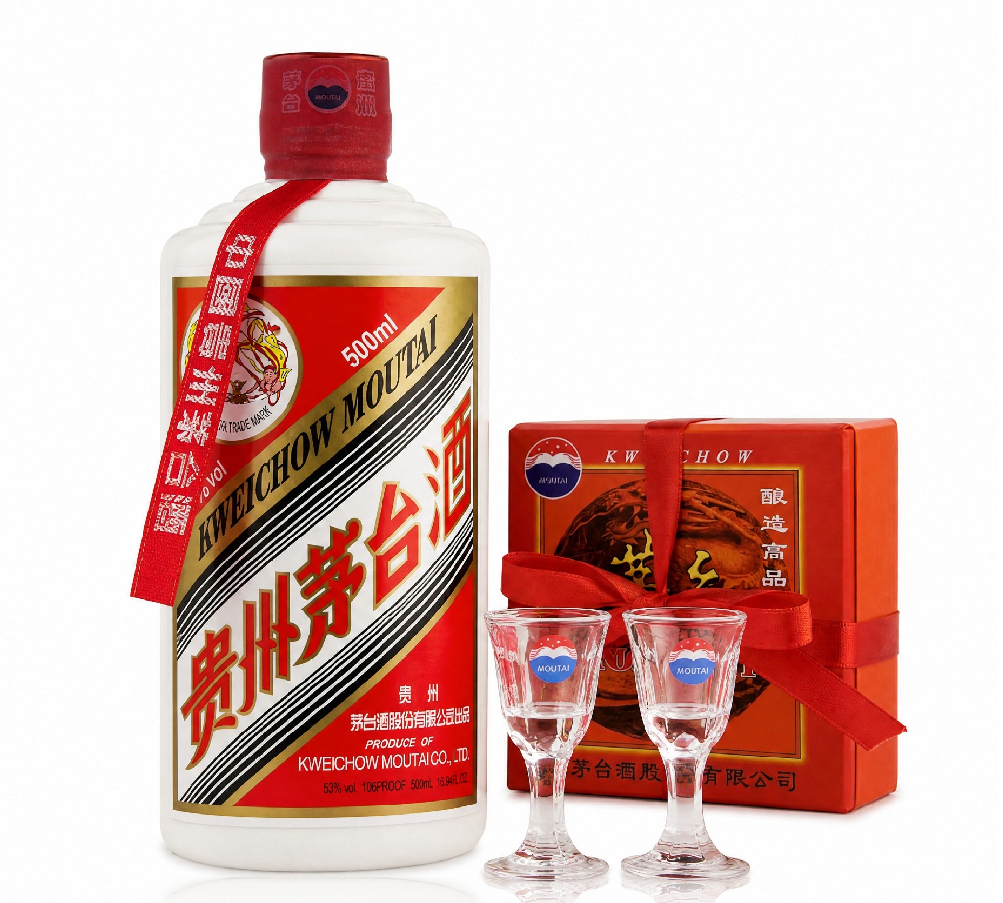 Kweichow Moutai bottle with two glasses and a red gift box on a white background