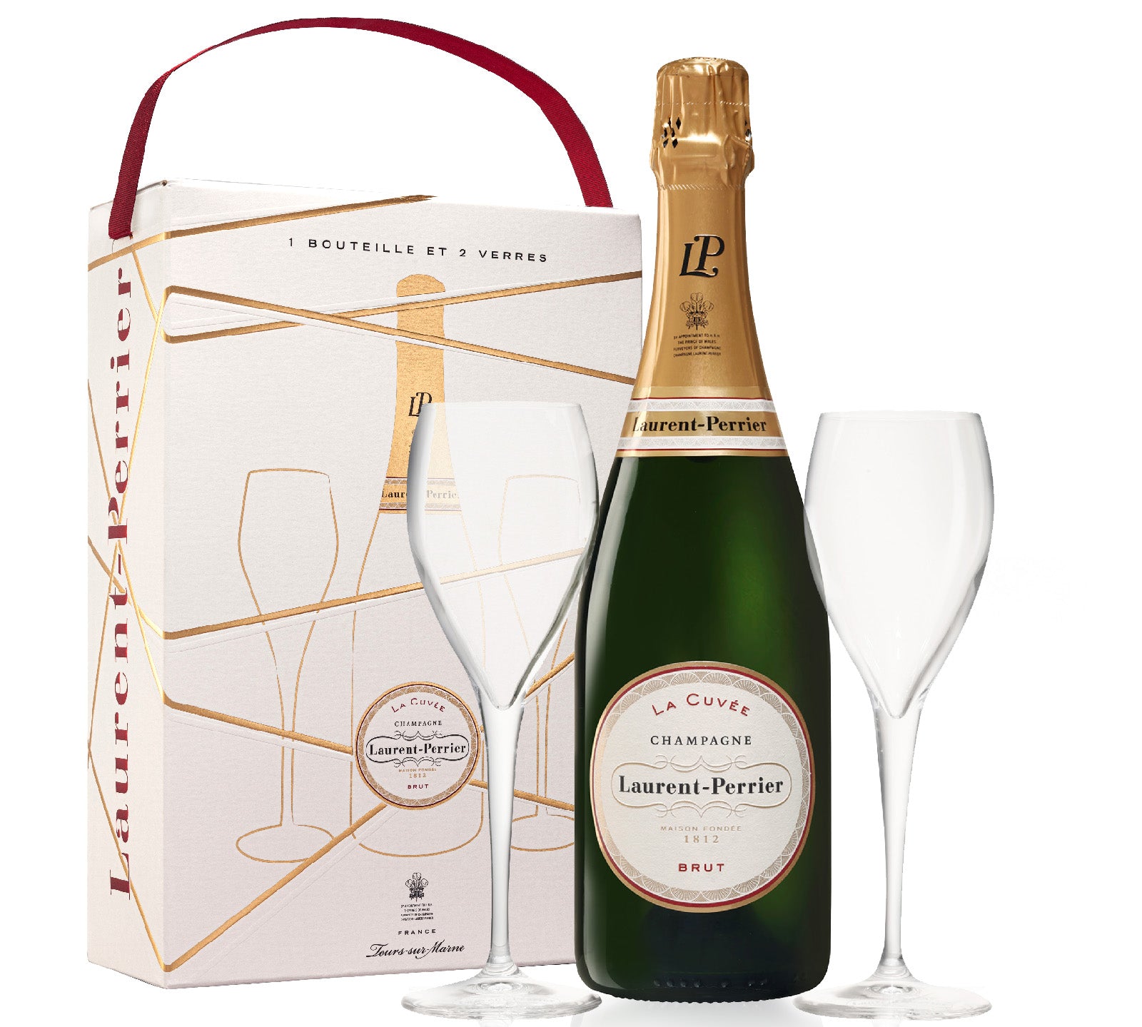 Laurent-Perrier champagne bottle with two glasses and packaging on a white background