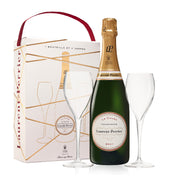 Laurent-Perrier champagne bottle with two glasses and packaging on a white background