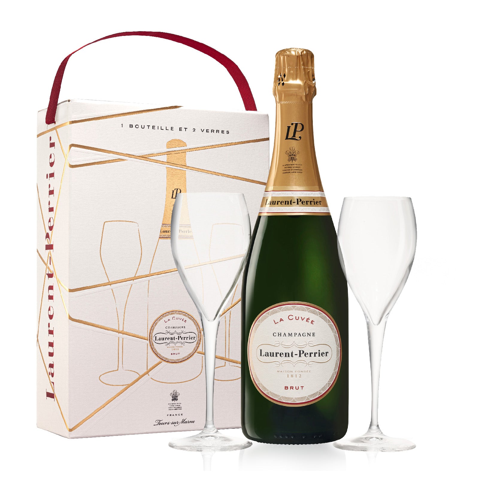 Laurent-Perrier champagne bottle with two glasses and packaging on a white background