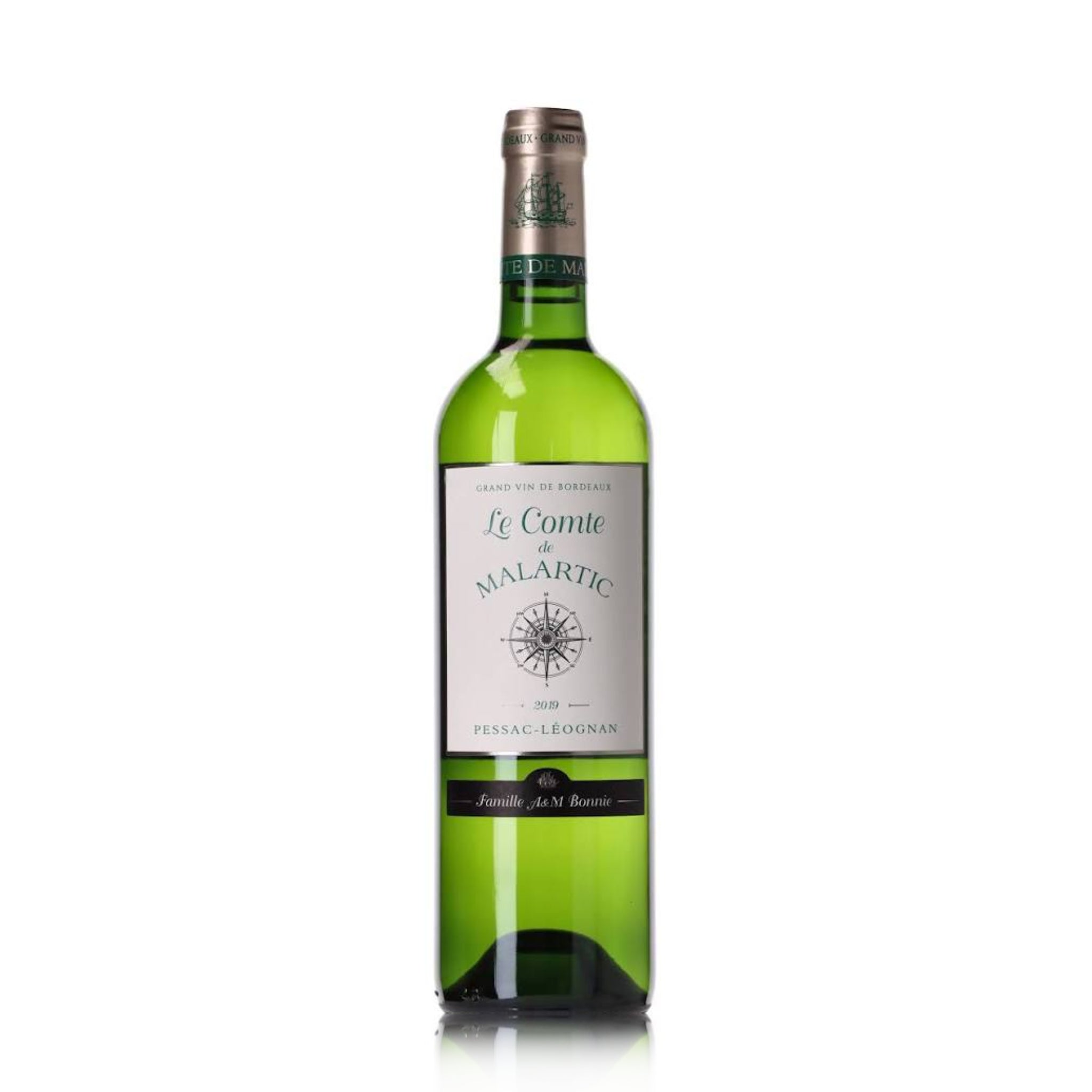 A bottle of Le Comte de Malartic Pessac Leognan Blanc 2019 white wine.