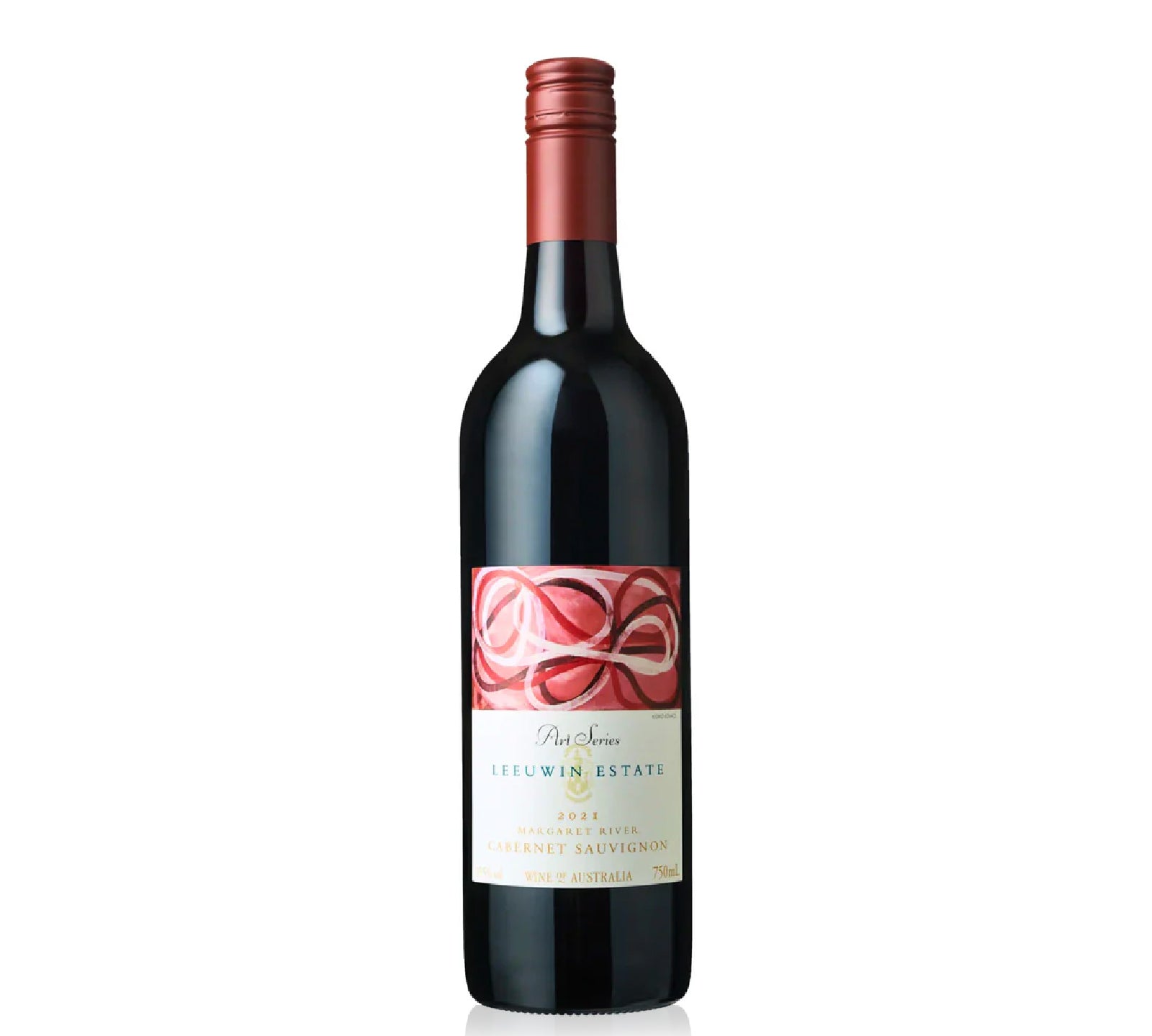 A bottle of Leeuwin Estate Art Series Cabernet Sauvignon 2021 red wine with a label featuring artistic swirls and text, against a plain background.