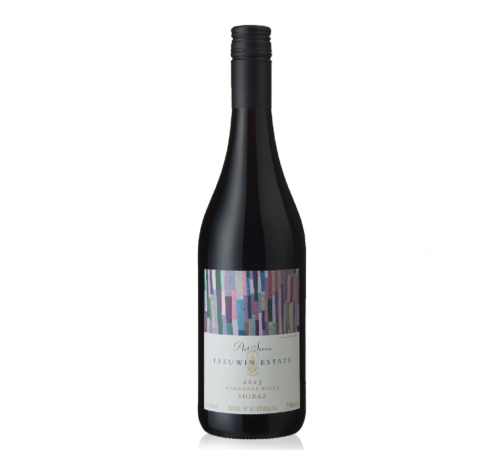 Wine bottle of Leeuwin Estate Art Series Shiraz 2023 with a colorful label on a white background