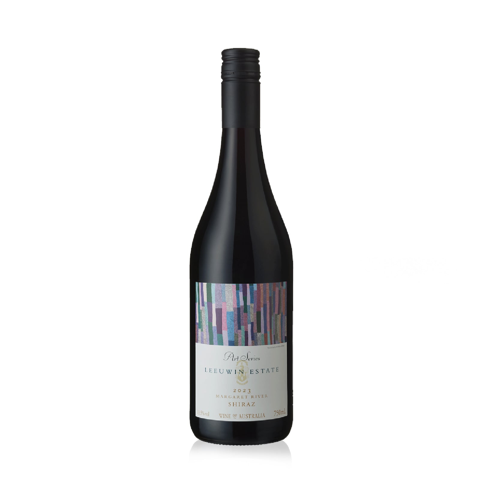 Wine bottle of Leeuwin Estate Art Series Shiraz 2023 with a colorful label on a white background