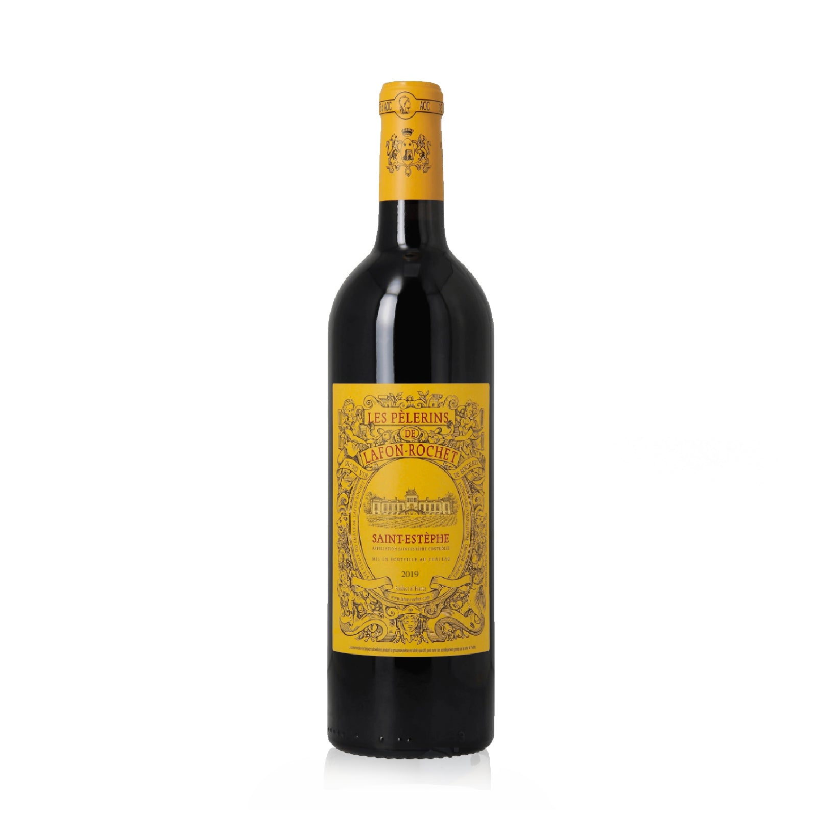 Bottle of Les Pèlerins de Lafon-Rochet St-Estèphe 2019 with dark berry, cassis, and cedar notes.