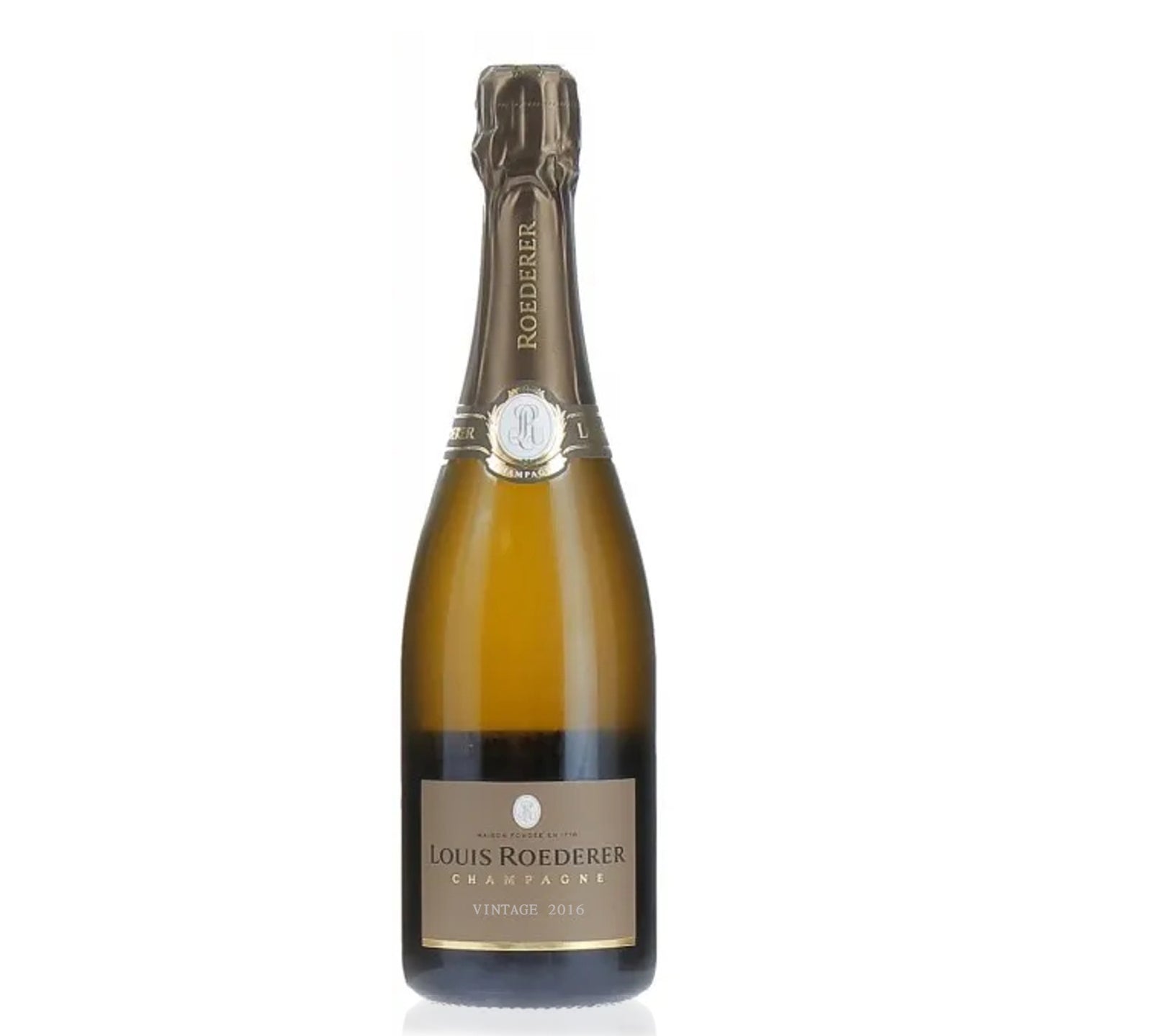 A bottle of Louis Roederer Champagne Brut 2016 with a gold label and a foil cover on top.