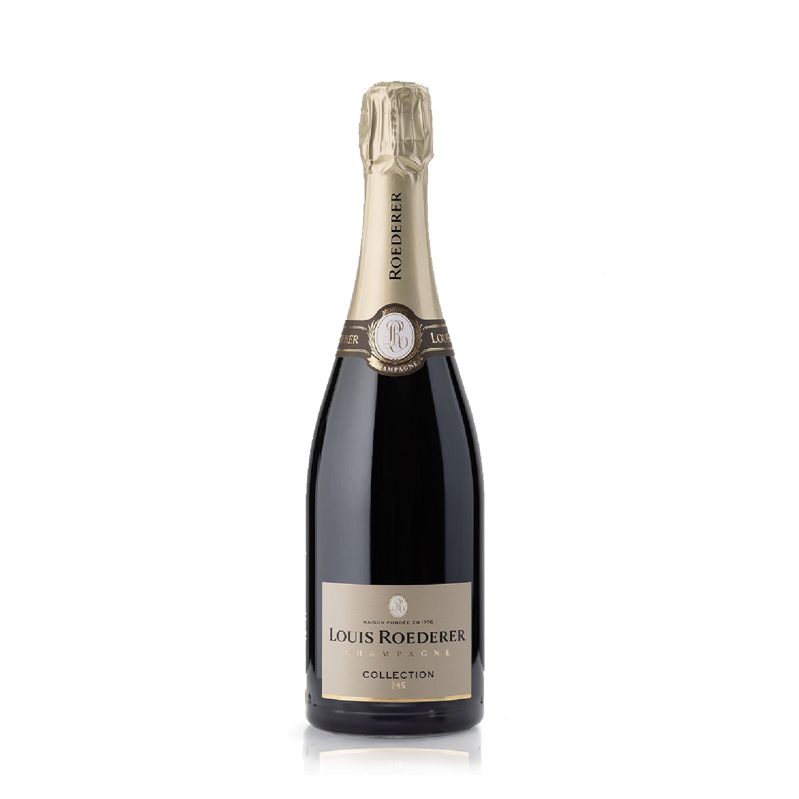 Bottle of Louis Roederer Collection 245 Brut NV Champagne with citrus, green apple, and brioche notes.