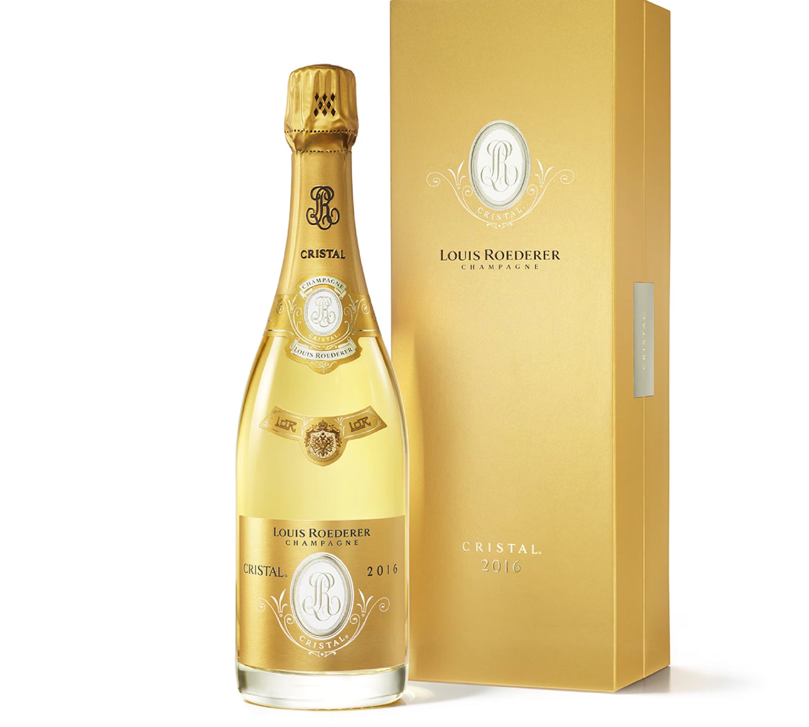 Louis Roederer Cristal champagne bottle and packaging on a white background