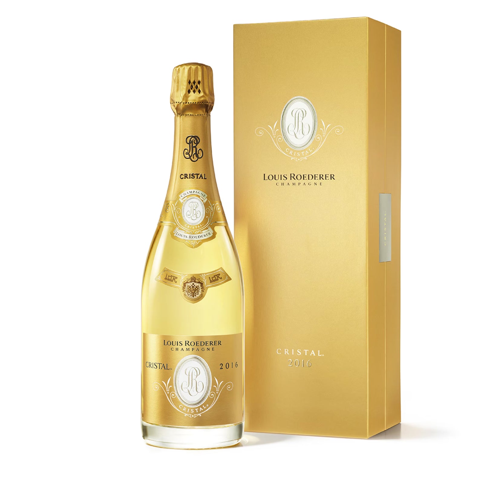 Louis Roederer Cristal champagne bottle and packaging on a white background