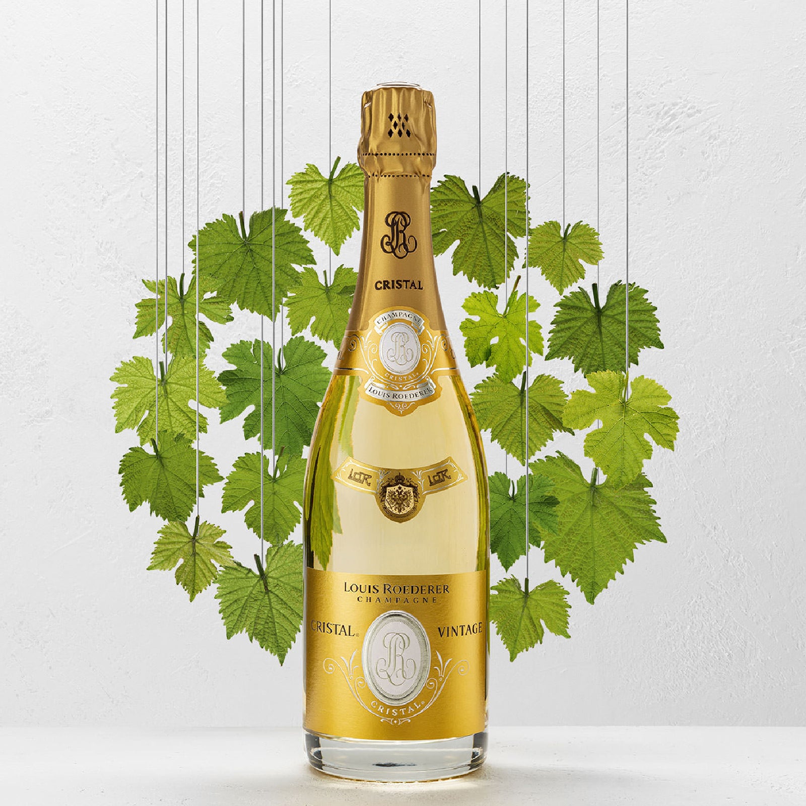 Bottle of Cristal champagne with green leaves on a white background