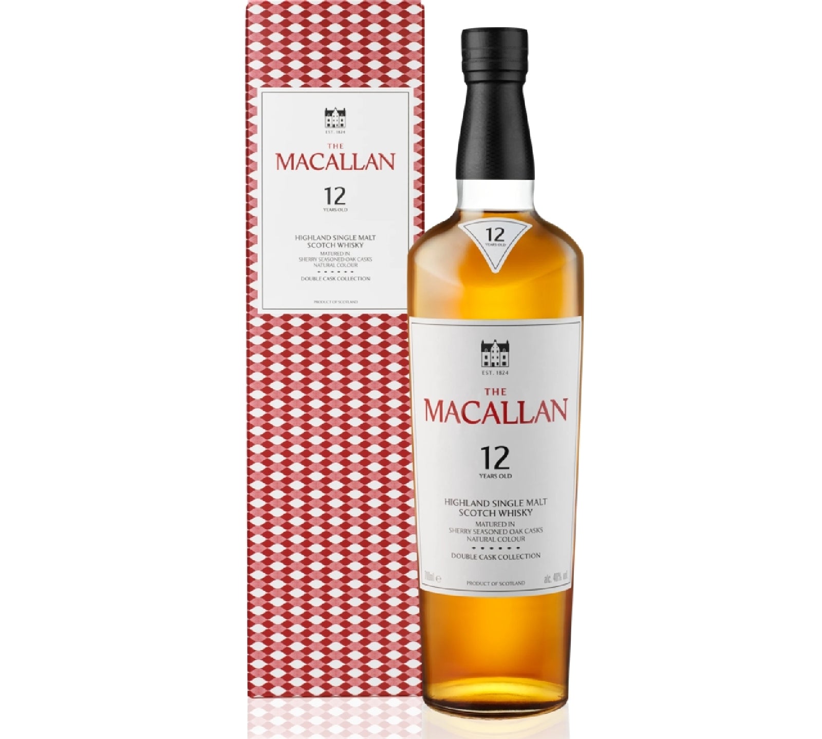 The Macallan 12-year-old whisky bottle with packaging on a white background