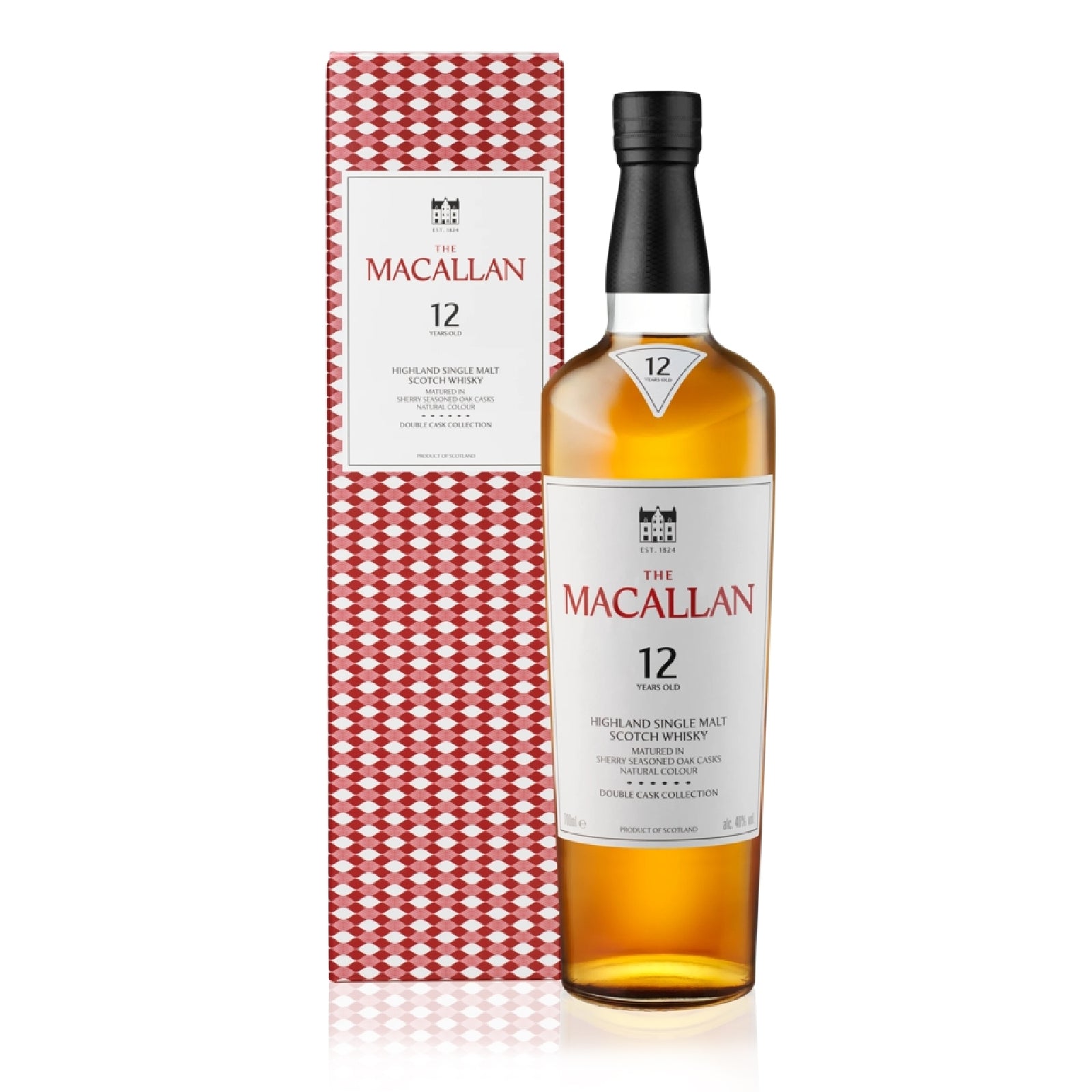 The Macallan 12-year-old whisky bottle with packaging on a white background