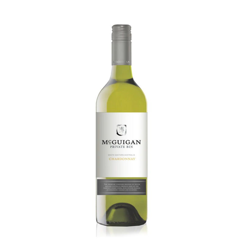 A bottle of white wine: McGuigan Private Bin Chardonnay