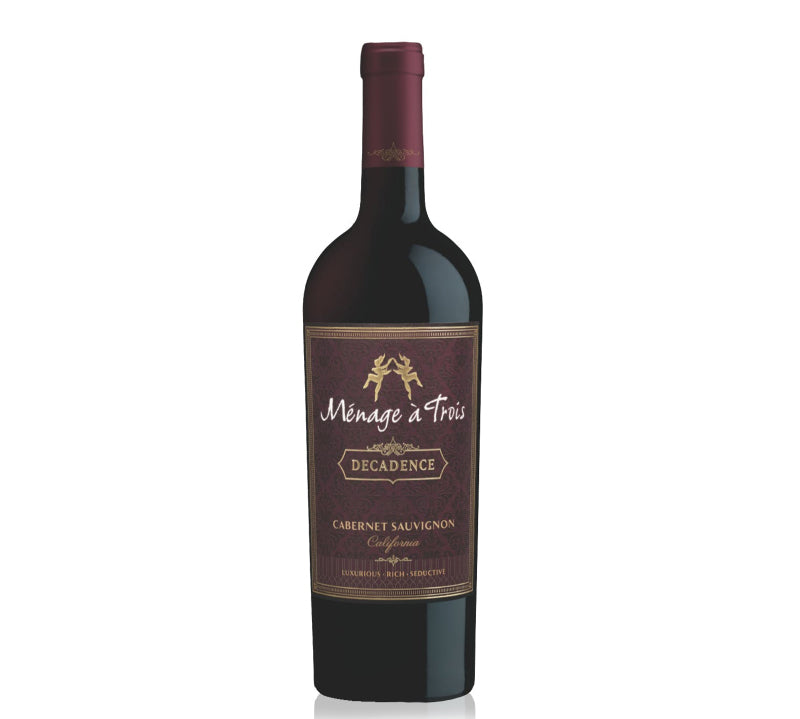 Bottle of Menage A Trois Decadence Cabernet Sauvignon red wine.
