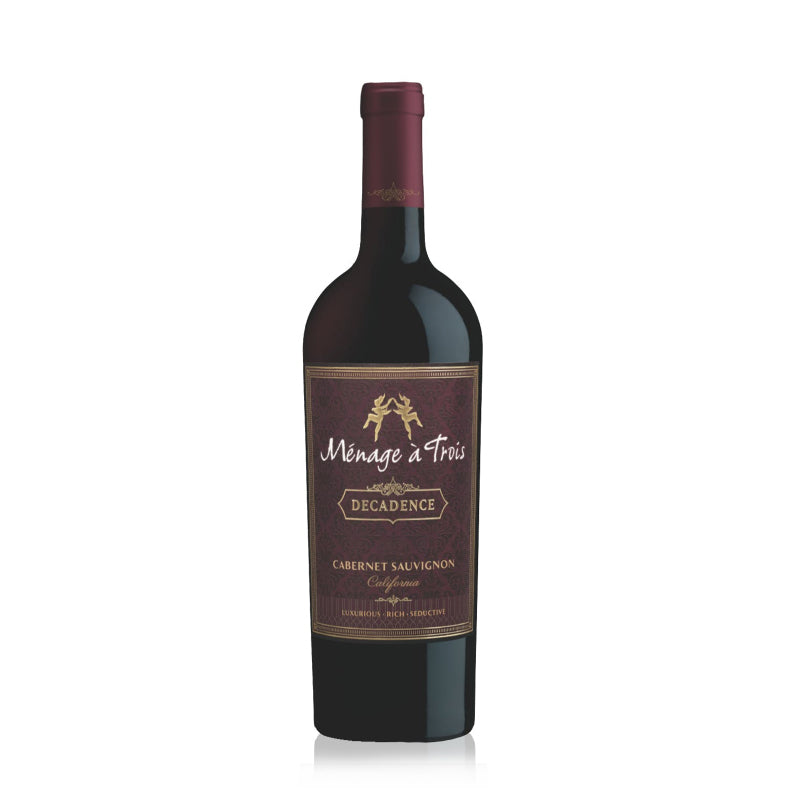 Bottle of Menage A Trois Decadence Cabernet Sauvignon red wine.