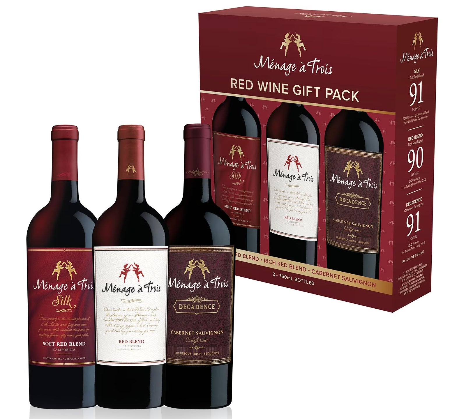 Menage a Trois red wine gift pack with four bottles and a box on a white background