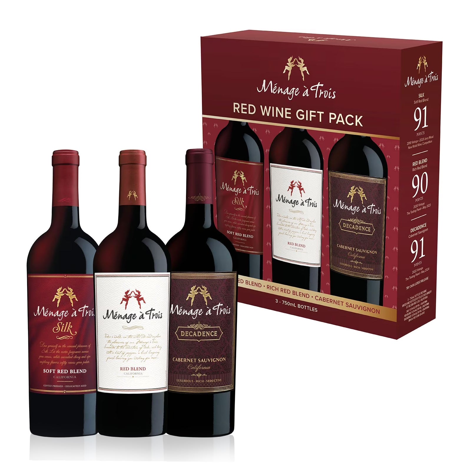 Menage a Trois red wine gift pack with four bottles and a box on a white background