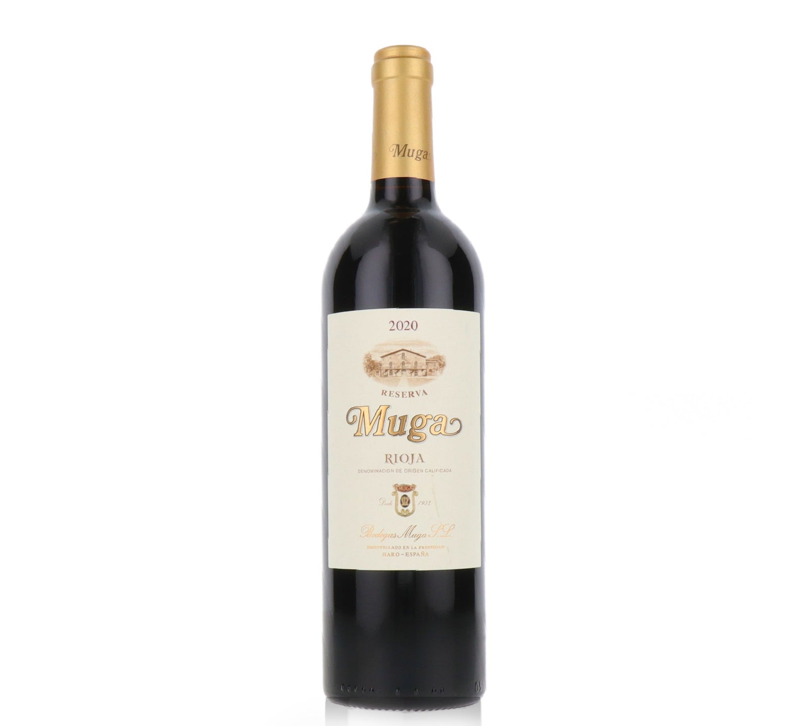 A bottle of Muga Rioja Reserva 2020 red wine with a label that includes the brand name and the vintage year. The bottle is upright and has a gold foil cap.