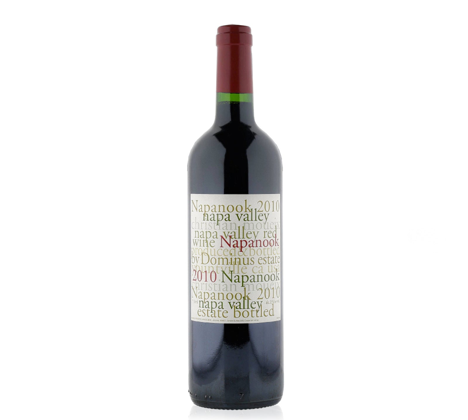 A bottle of Dominus Estate Napanook 2010 red wine