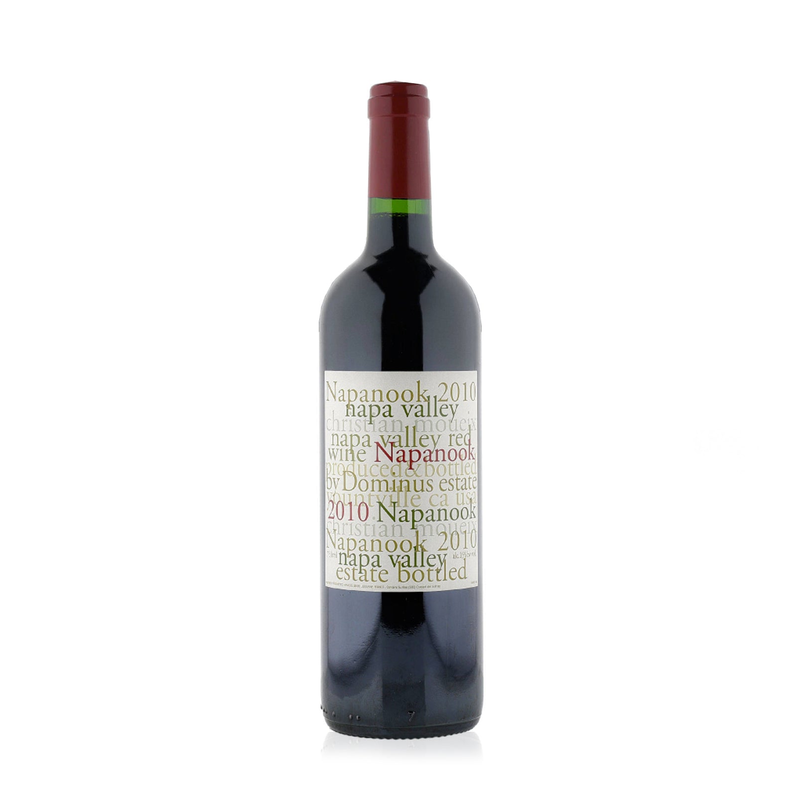 A bottle of Dominus Estate Napanook 2010 red wine