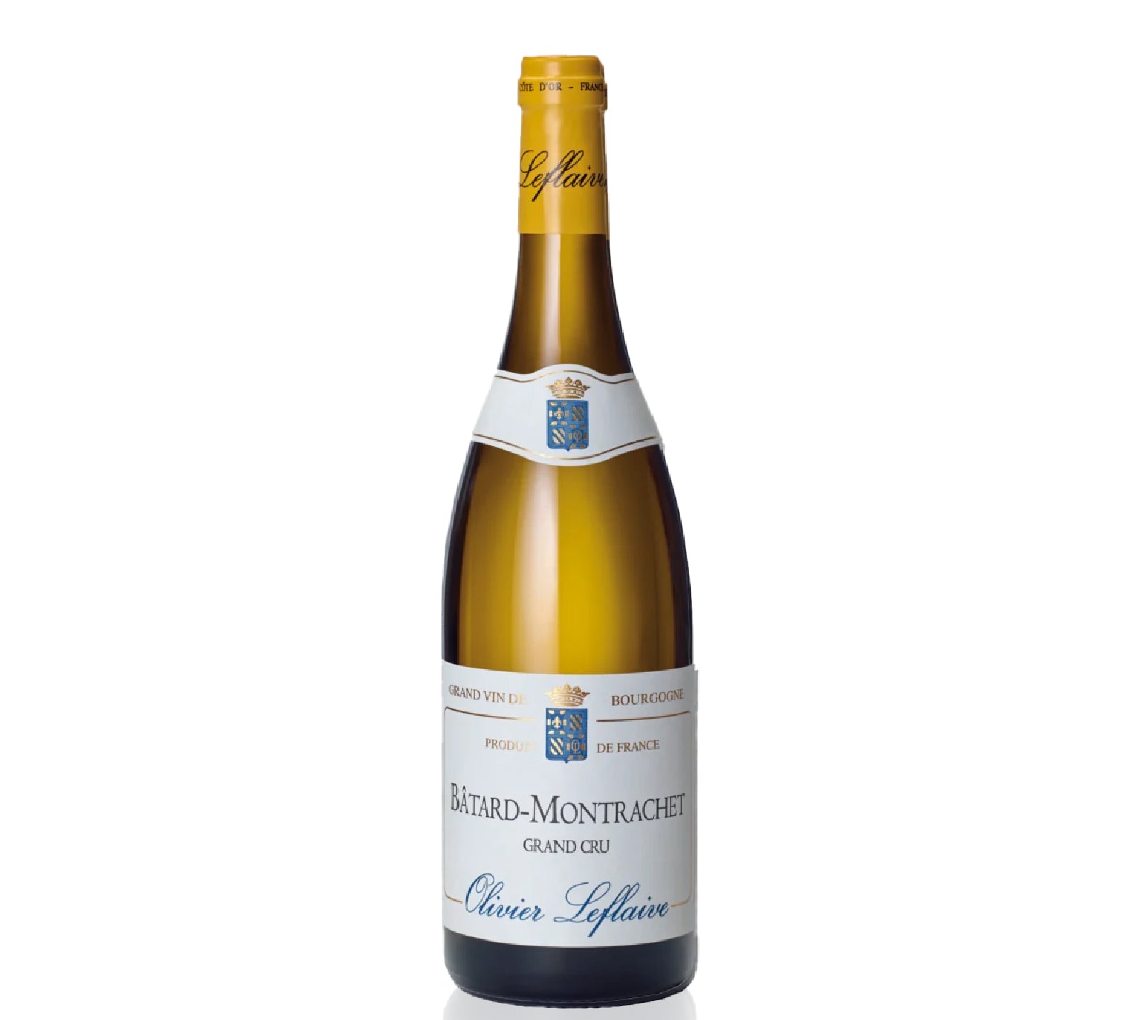 Bottle of Olivier Leflaive Bâtard-Montrachet Grand Cru, 750ml, fine white Burgundy wine from Puligny-Montrachet and Chassagne-Montrachet.