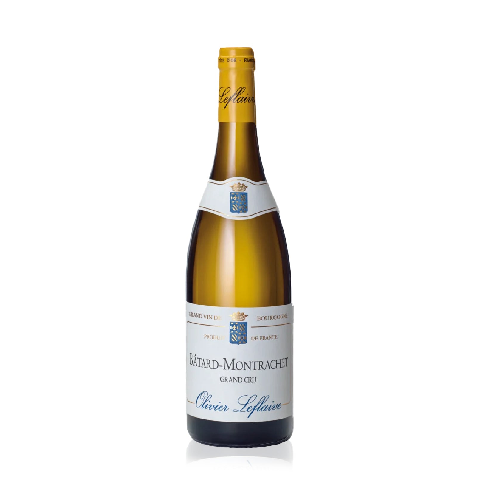 Bottle of Olivier Leflaive Bâtard-Montrachet Grand Cru, 750ml, fine white Burgundy wine from Puligny-Montrachet and Chassagne-Montrachet.