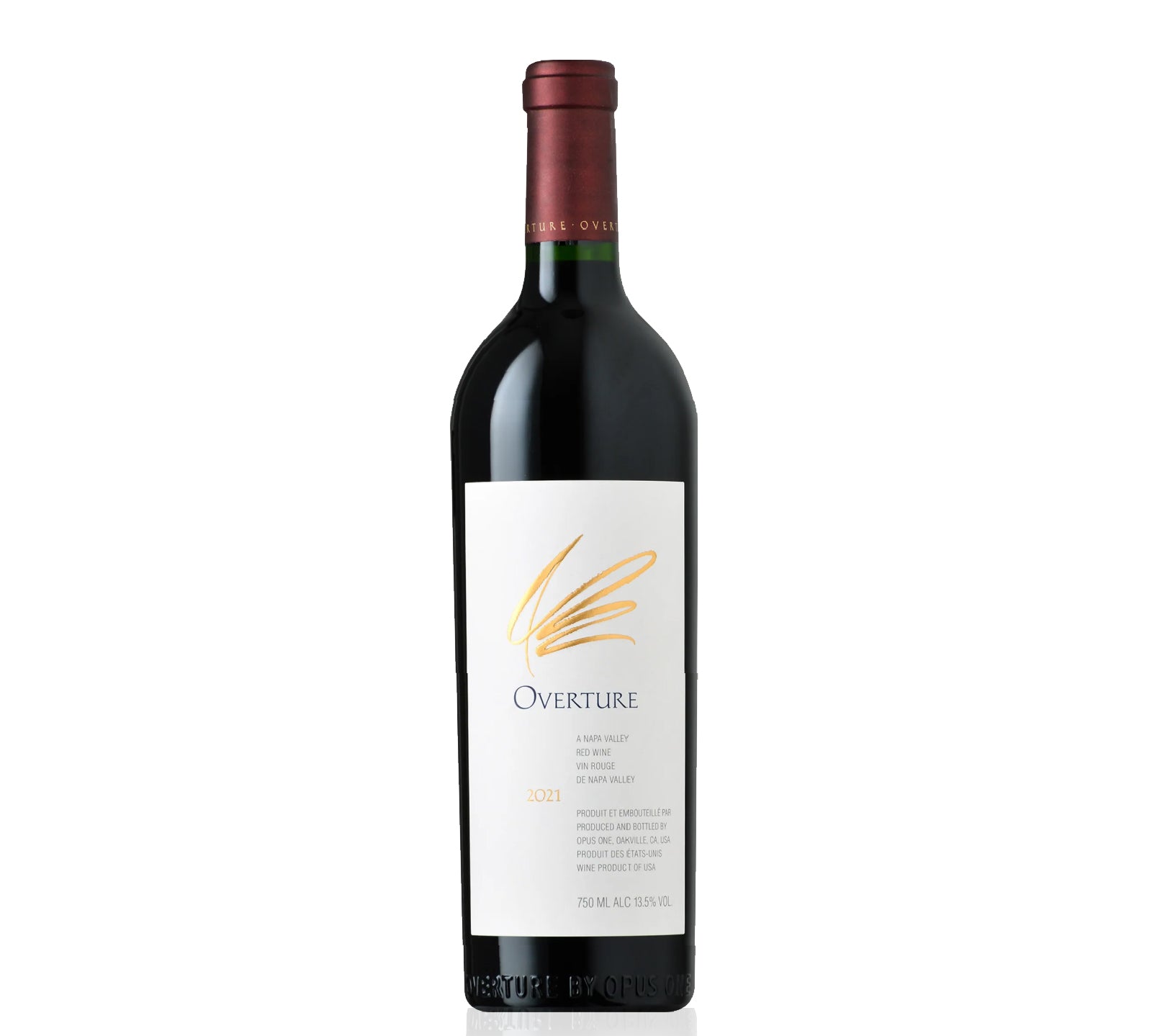 Red wine bottle with 'Overture' label on a white background
