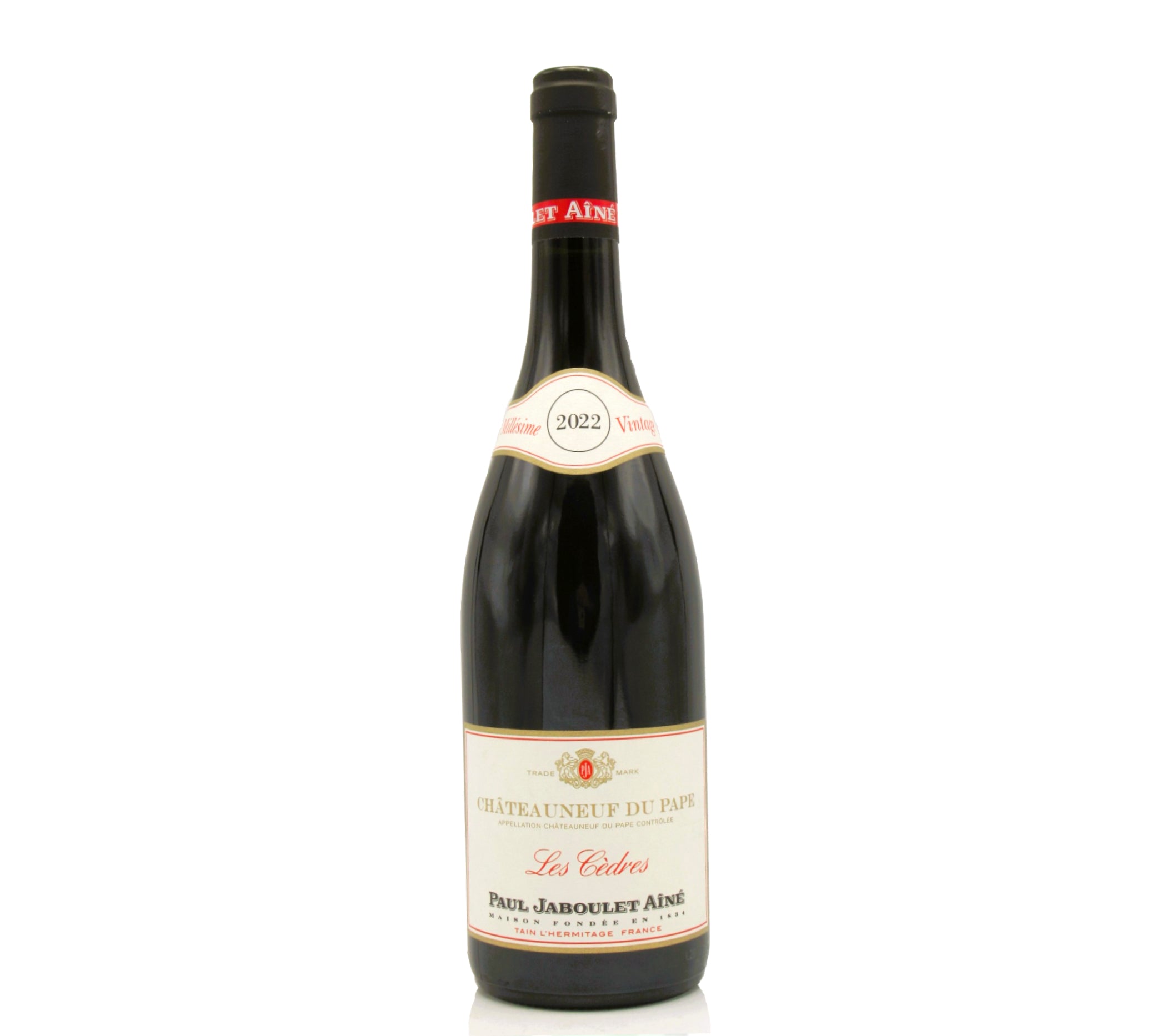 A bottle of Paul Jaboulet Chateauneuf du Pape les Cedres 2022 red wine