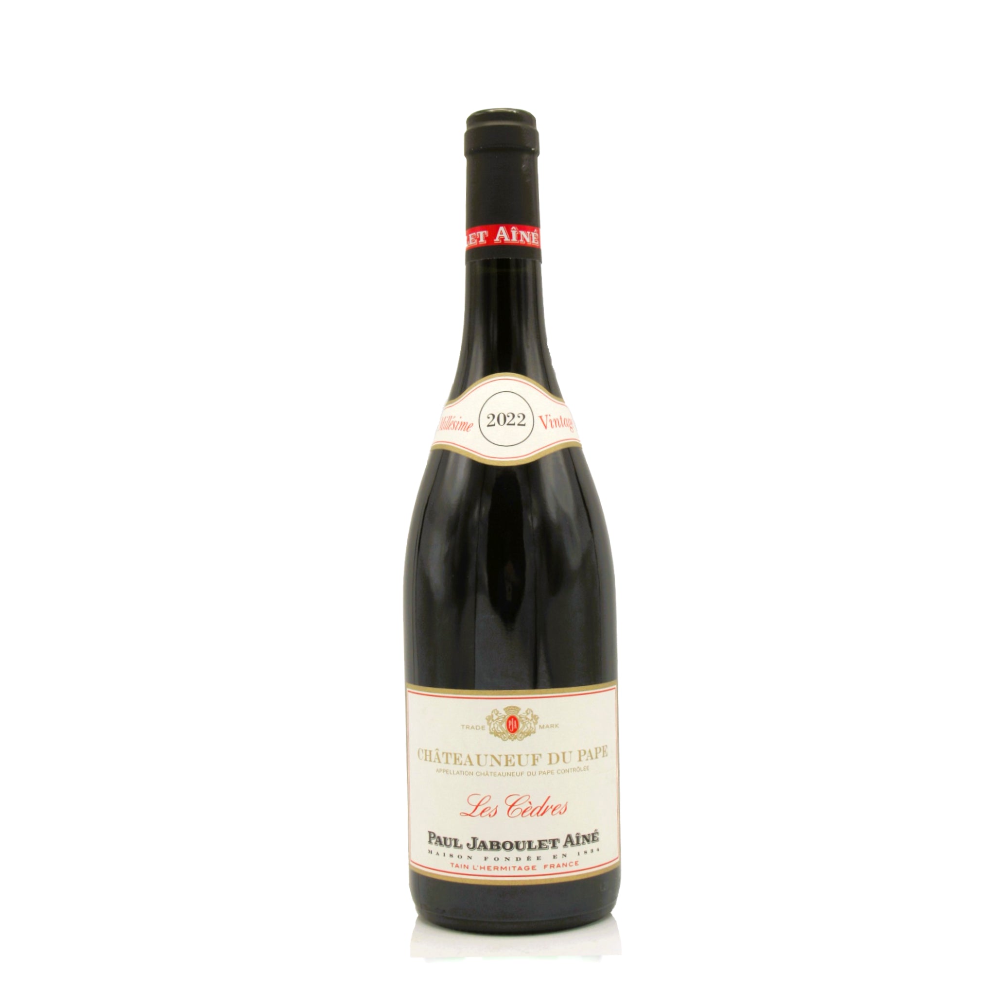 A bottle of Paul Jaboulet Chateauneuf du Pape les Cedres 2022 red wine