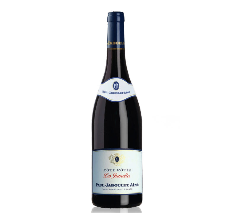 A bottle of Paul Jaboulet Aine Cote-Rotie Les Jumelles Rouge wine.