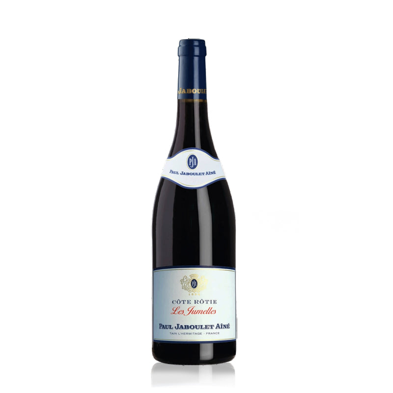 A bottle of Paul Jaboulet Aine Cote-Rotie Les Jumelles Rouge wine.