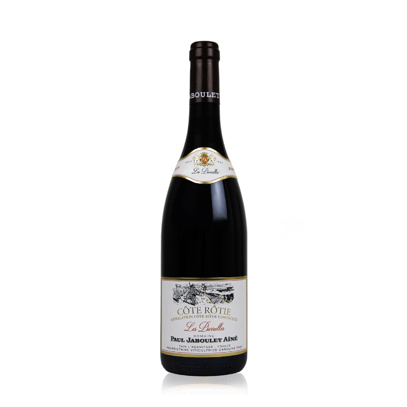A bottle of Paul Jaboulet Aine Cote Rotie Les Pierrelles red wine