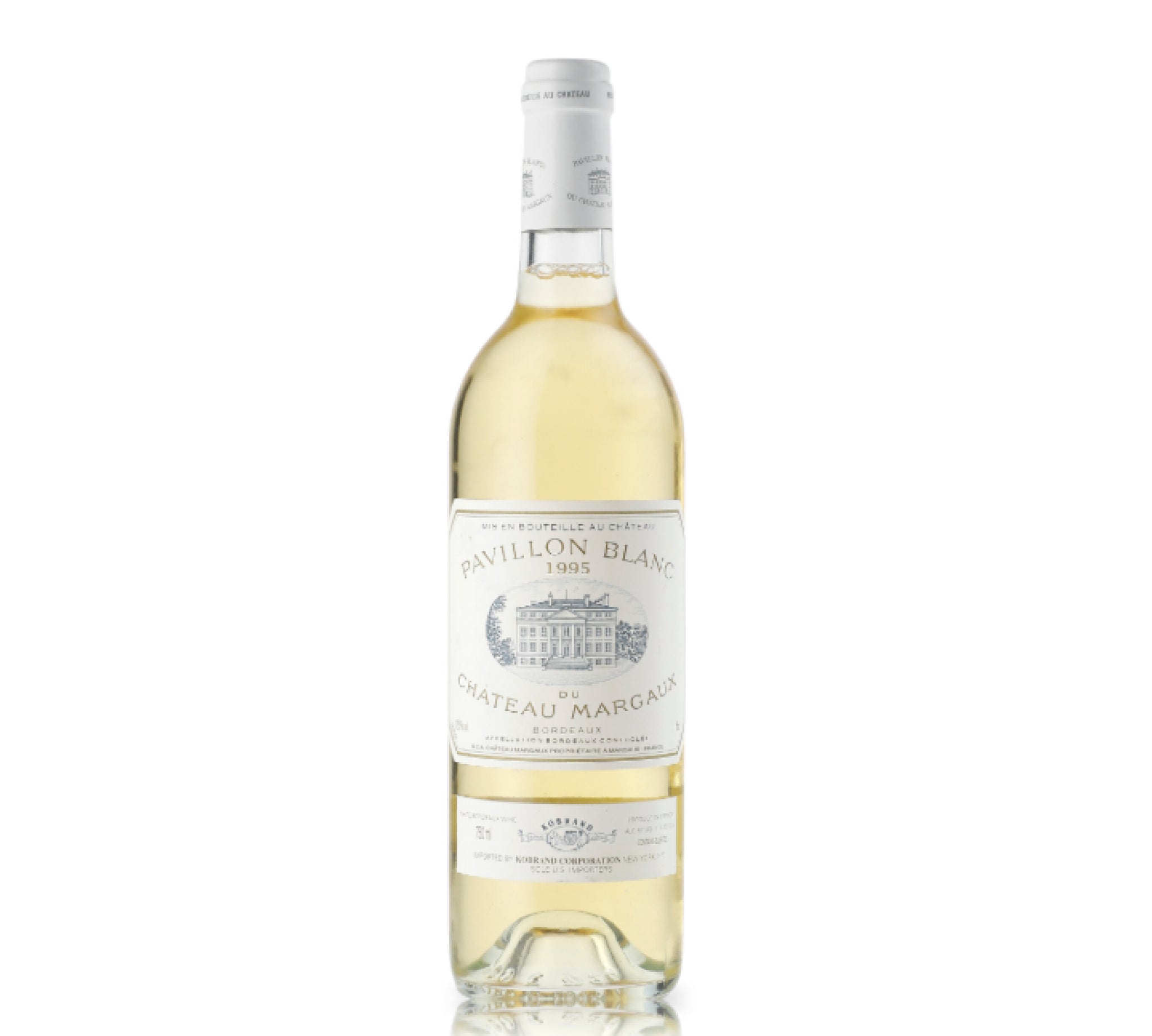 A bottle of Pavillon Blanc du Château Margaux 1995 white wine.