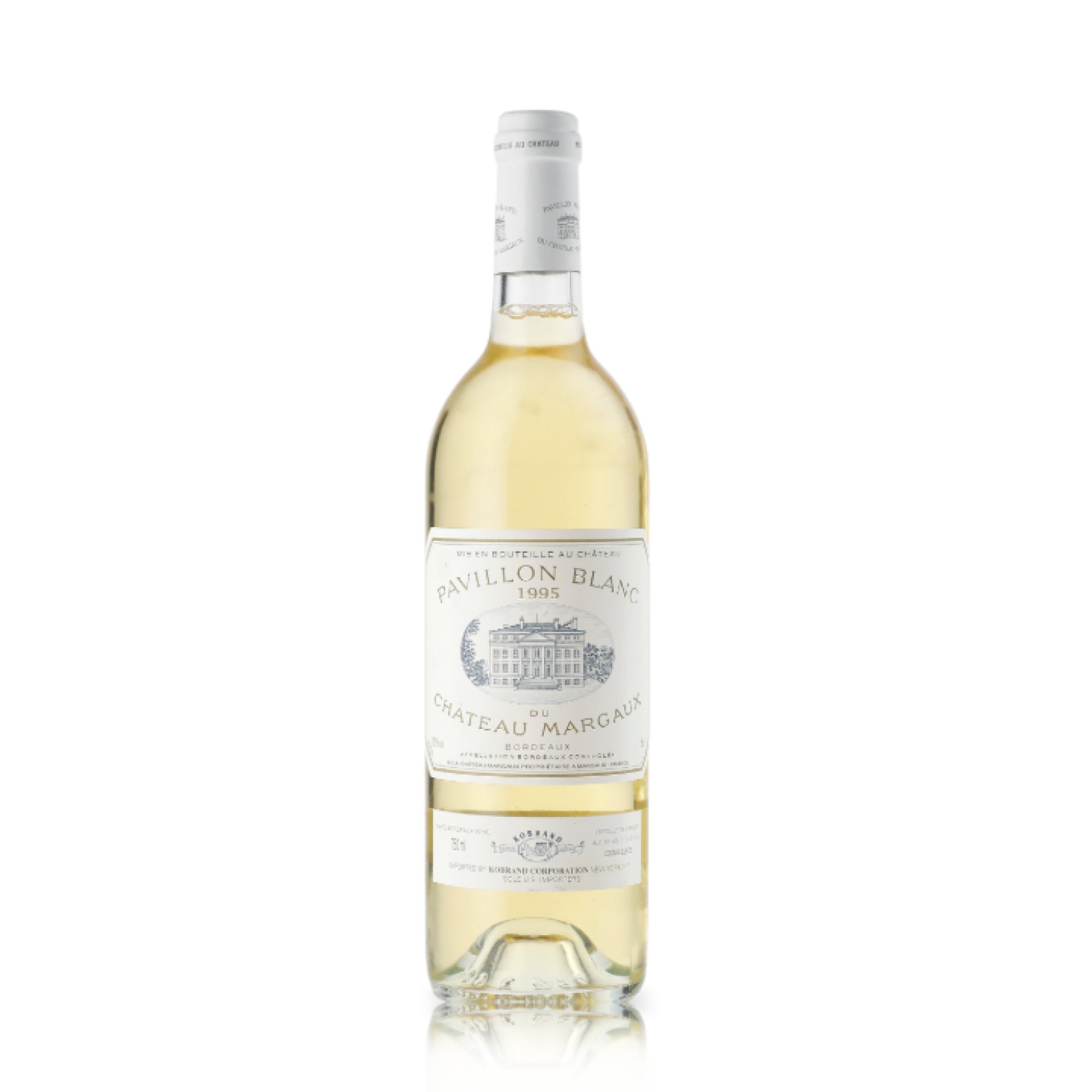 A bottle of Pavillon Blanc du Château Margaux 1995 white wine.