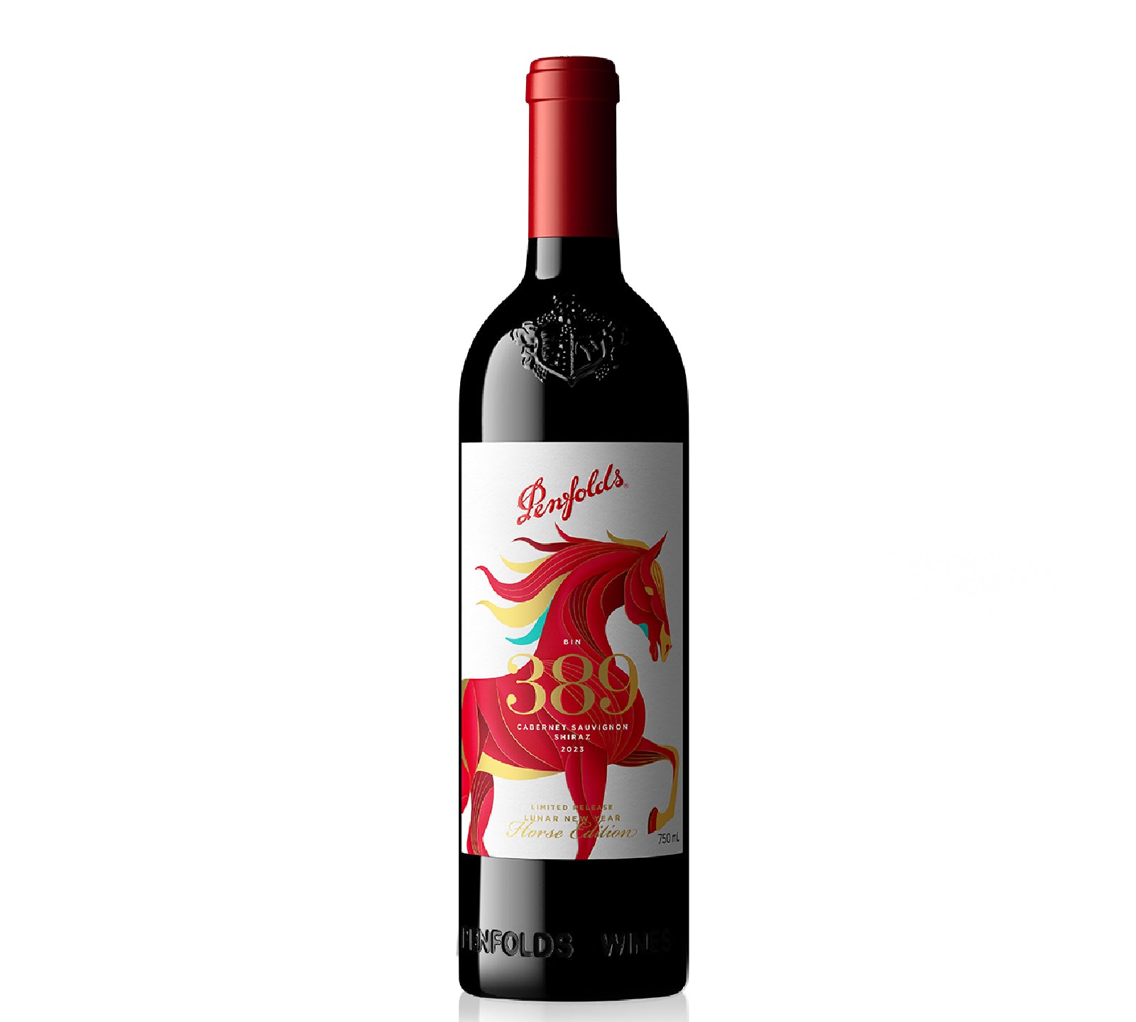 Penfolds 389 wine bottle with a colorful horse design on the label against a white background