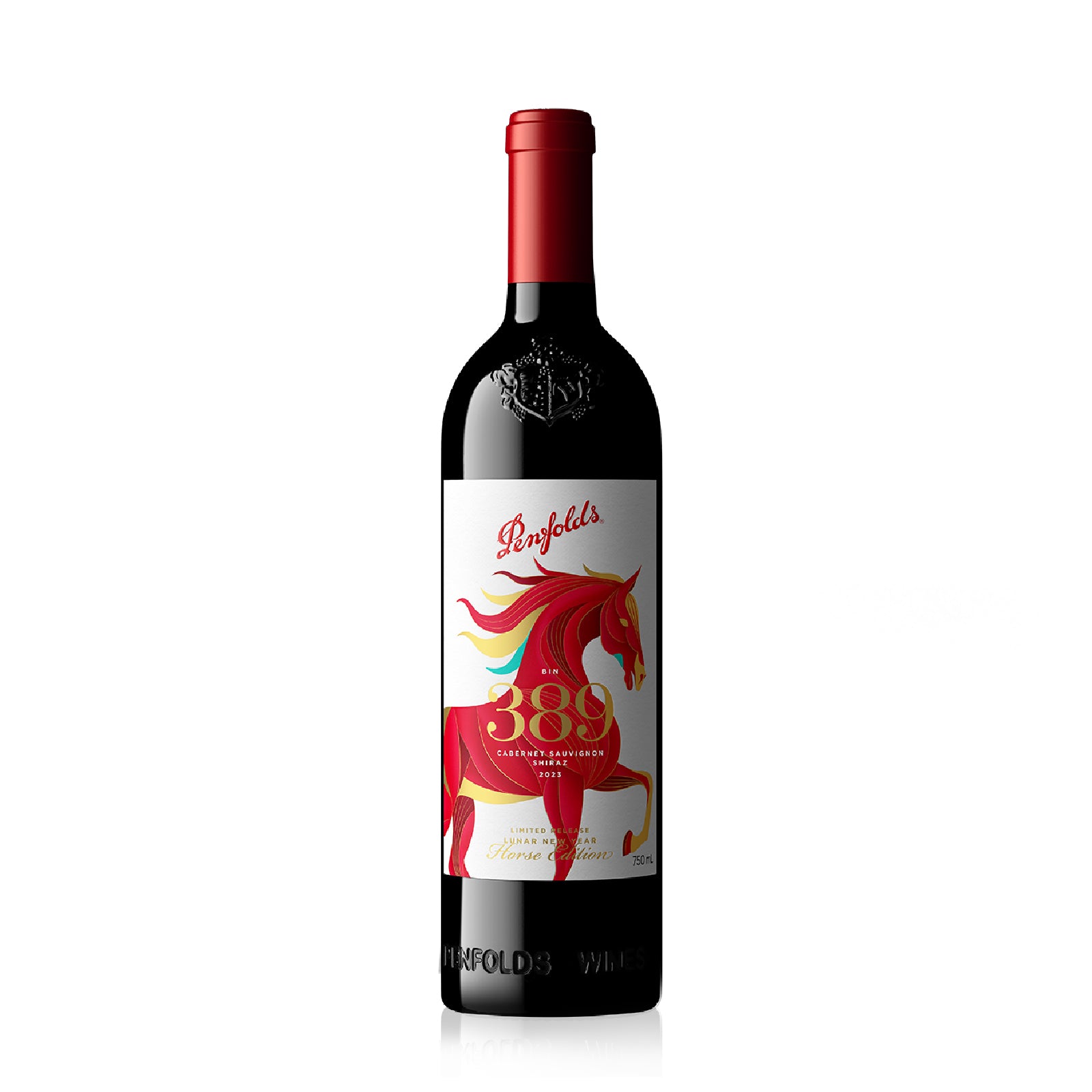 Penfolds 389 wine bottle with a colorful horse design on the label against a white background