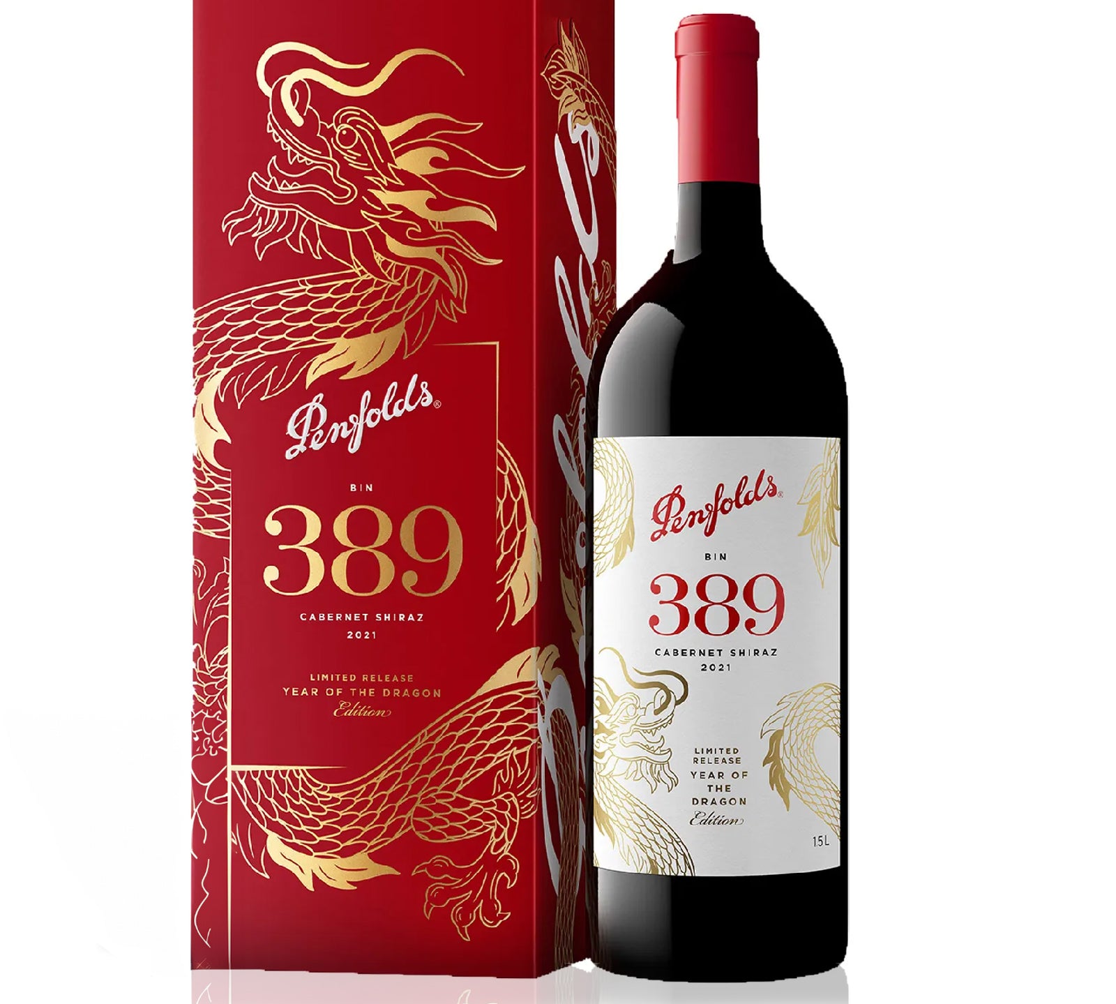 Penfolds Bin 389 Cabernet Shiraz magnum wine bottle and red packaging box with golden dragon designs.